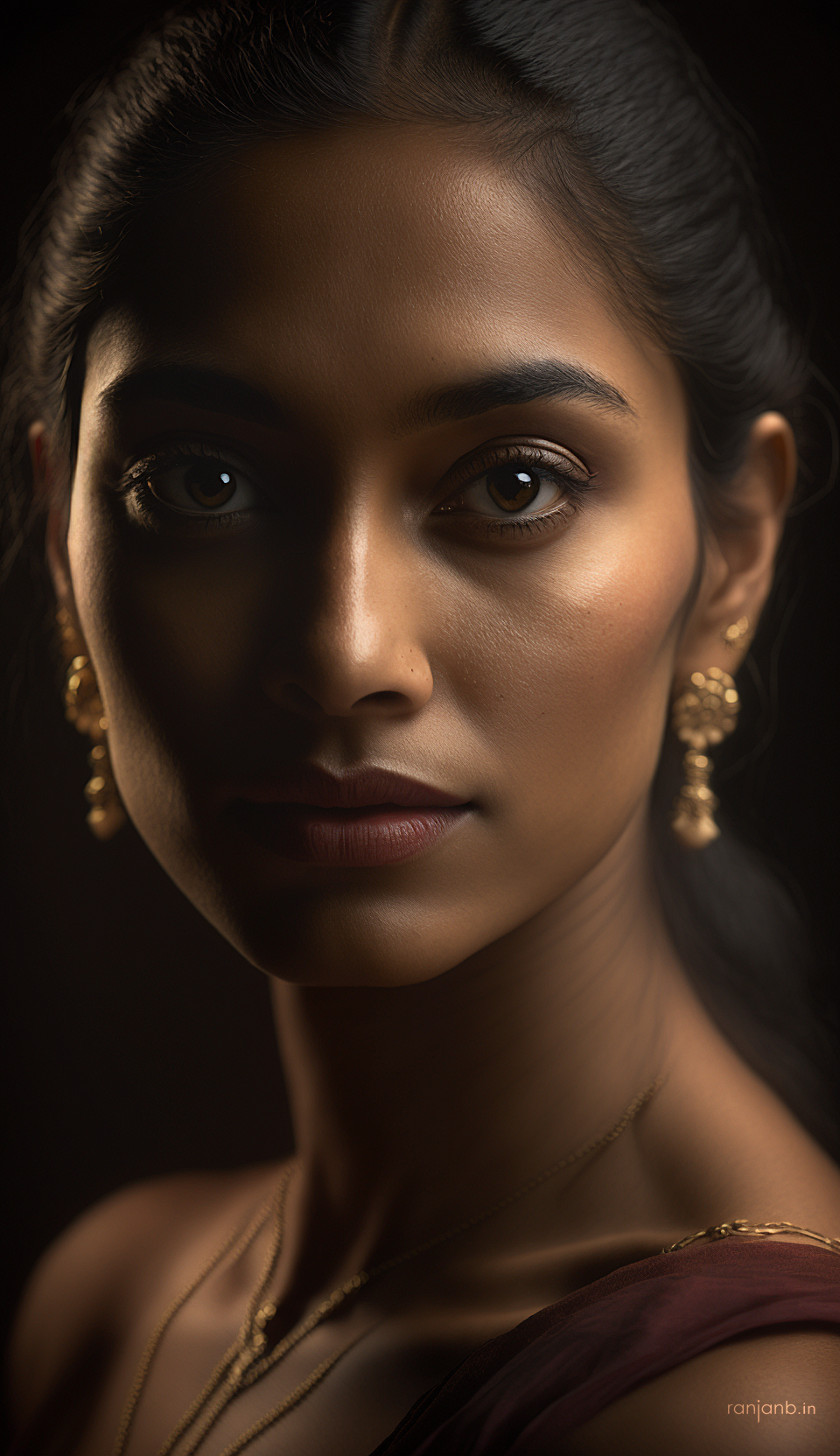 Close-up portrait of an elegant Mumbai model wearing traditional jewelry, photographed by Ranjan Bhattacharya