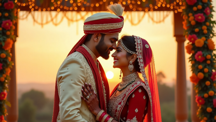 Wedding Photography by Ranjan Bhattacharya – Candid and Traditional Moments Preserved Candid moment of a bride and groom during sunset wedding ceremony, captured by Ranjan Bhattacharya.