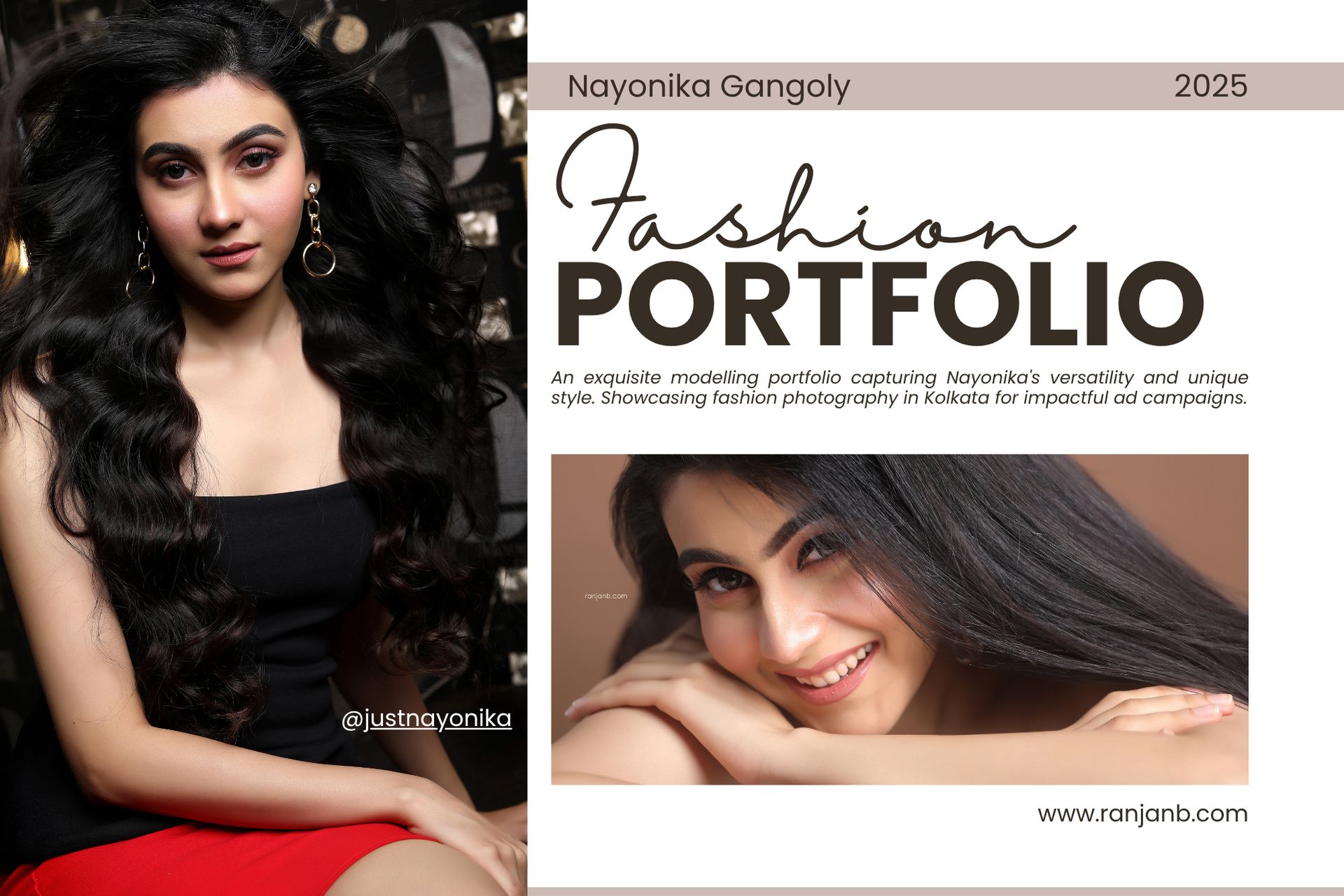 Model Portfolio: Nayonika Gangoly | Kolkata Fashion Photographer Professional model portfolio card for Nayonika Gangoly, photography by Ranjan Bhattacharya in Kolkata.
