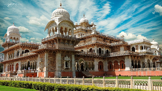 The Albert Hall Museum, a building of cultural significance with Indo-Saracenic architecture, featuring domed towers and intricate archways. Photo by Ranjan Bhattacharya.