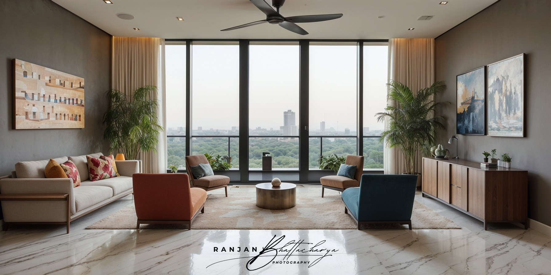 Spacious lobby interior in a housing complex, photographed by Ranjan Bhattacharya.