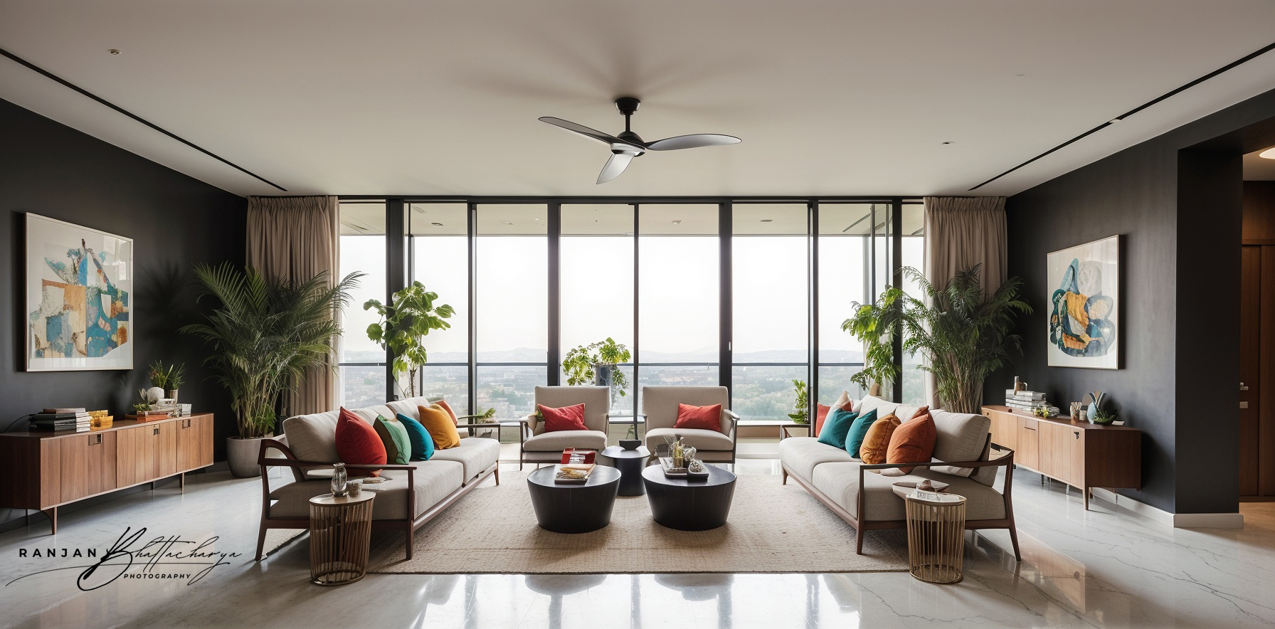 Modern living room interior of a housing complex, photographed by Ranjan Bhattacharya in Kolkata.