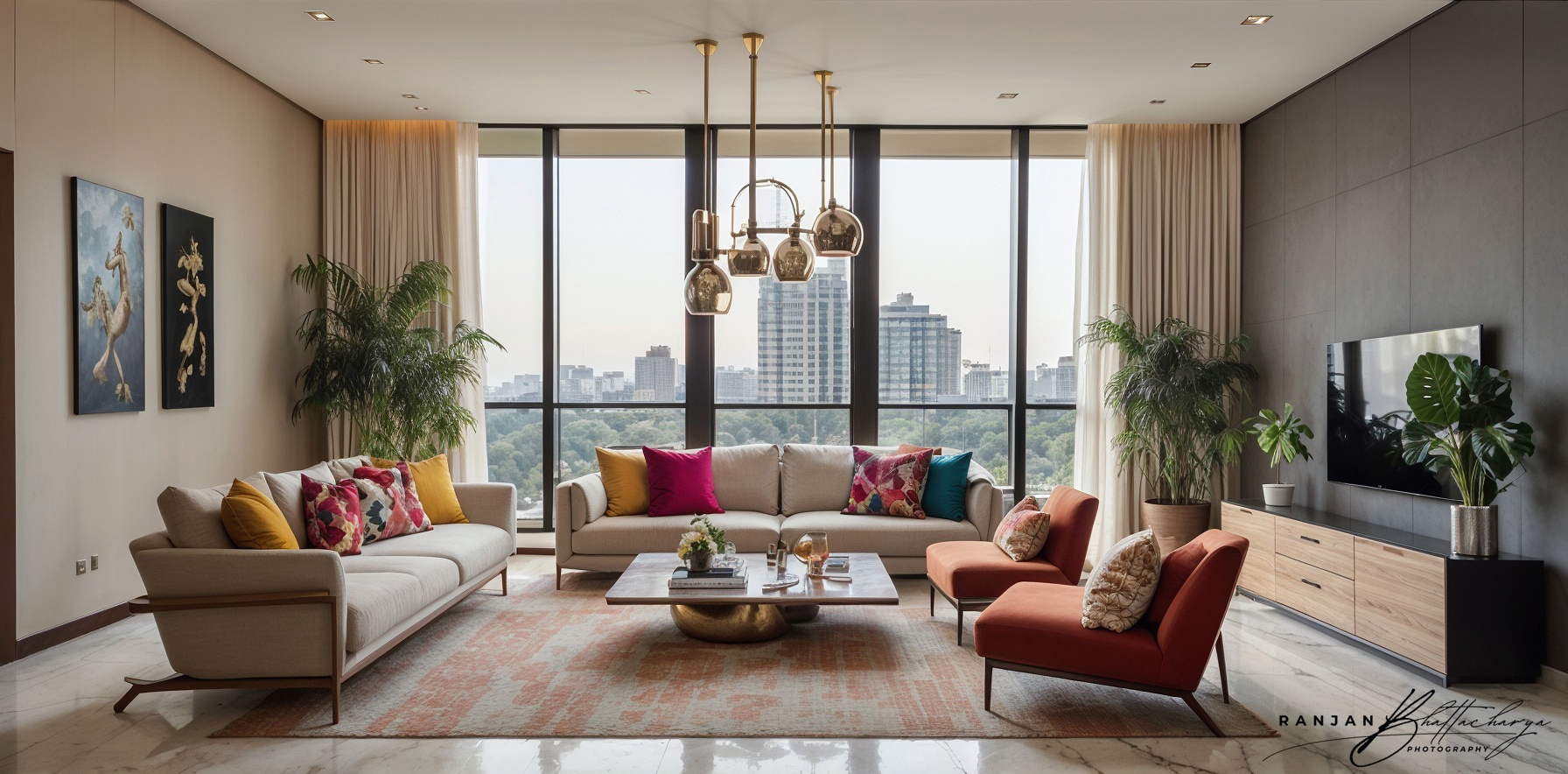 Modern living room interior of a housing complex, photographed by Ranjan Bhattacharya in Kolkata.