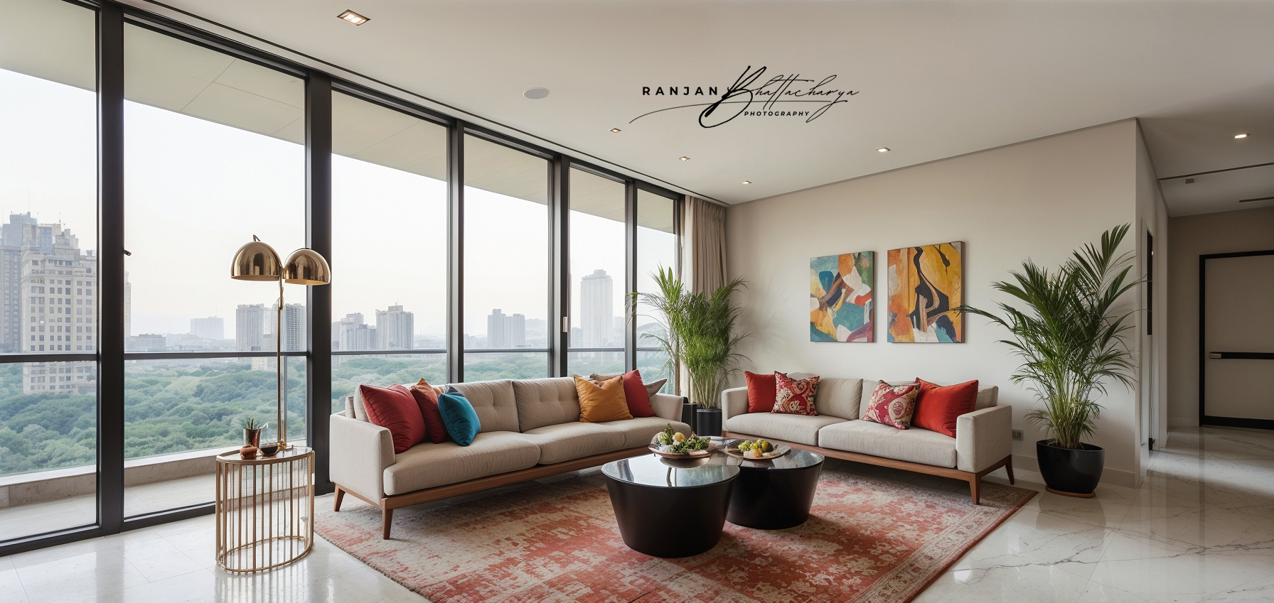 Spacious lobby interior in a housing complex, photographed by Ranjan Bhattacharya.