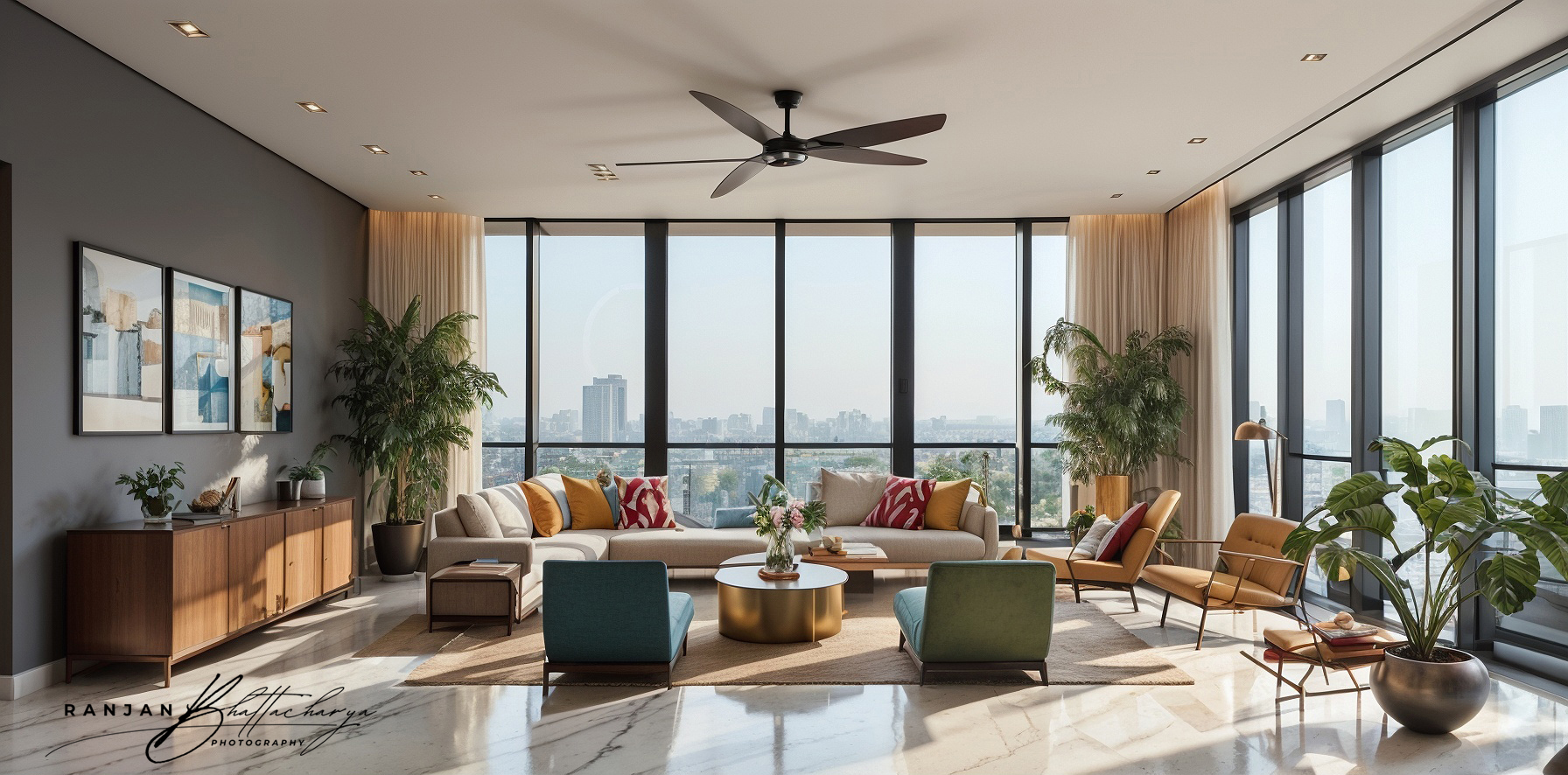 A vibrant living room interior in a housing complex, captured by Ranjan Bhattacharya. 