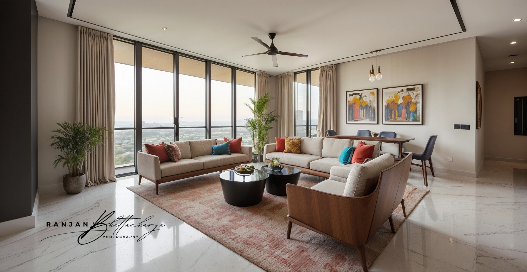 Spacious lobby interior in a housing complex in Mumbai, photographed by Ranjan Bhattacharya.