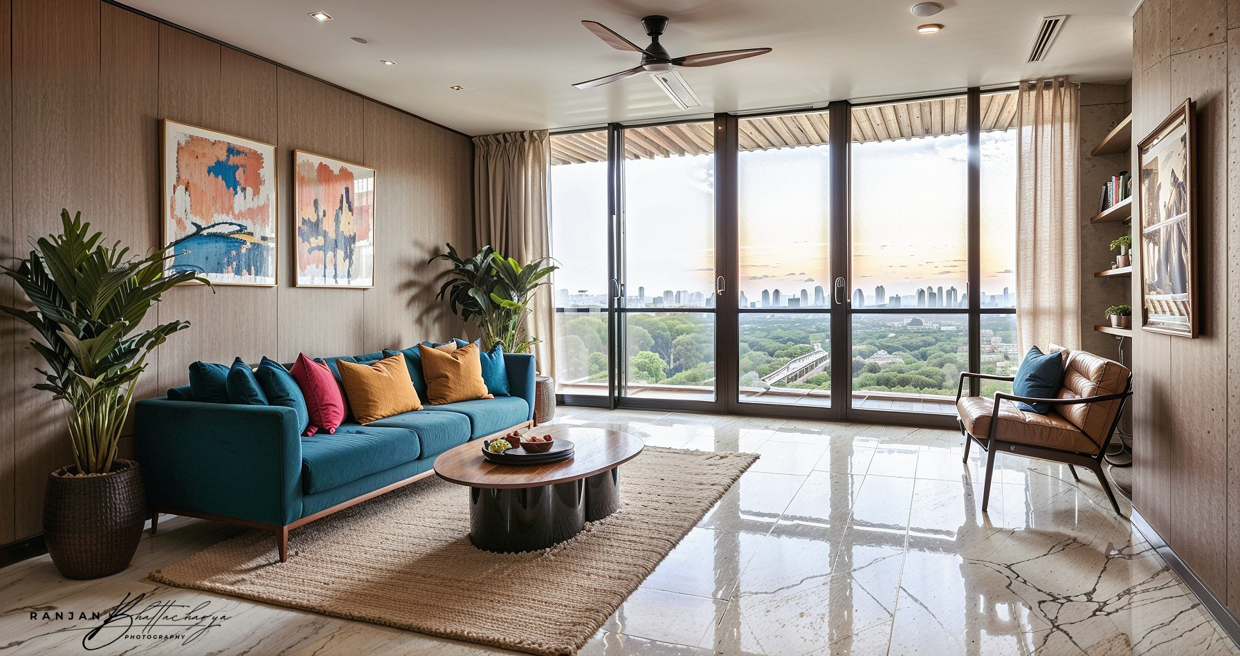 Modern living room interior of a housing complex, photographed by Ranjan Bhattacharya in Behala, Kolkata.