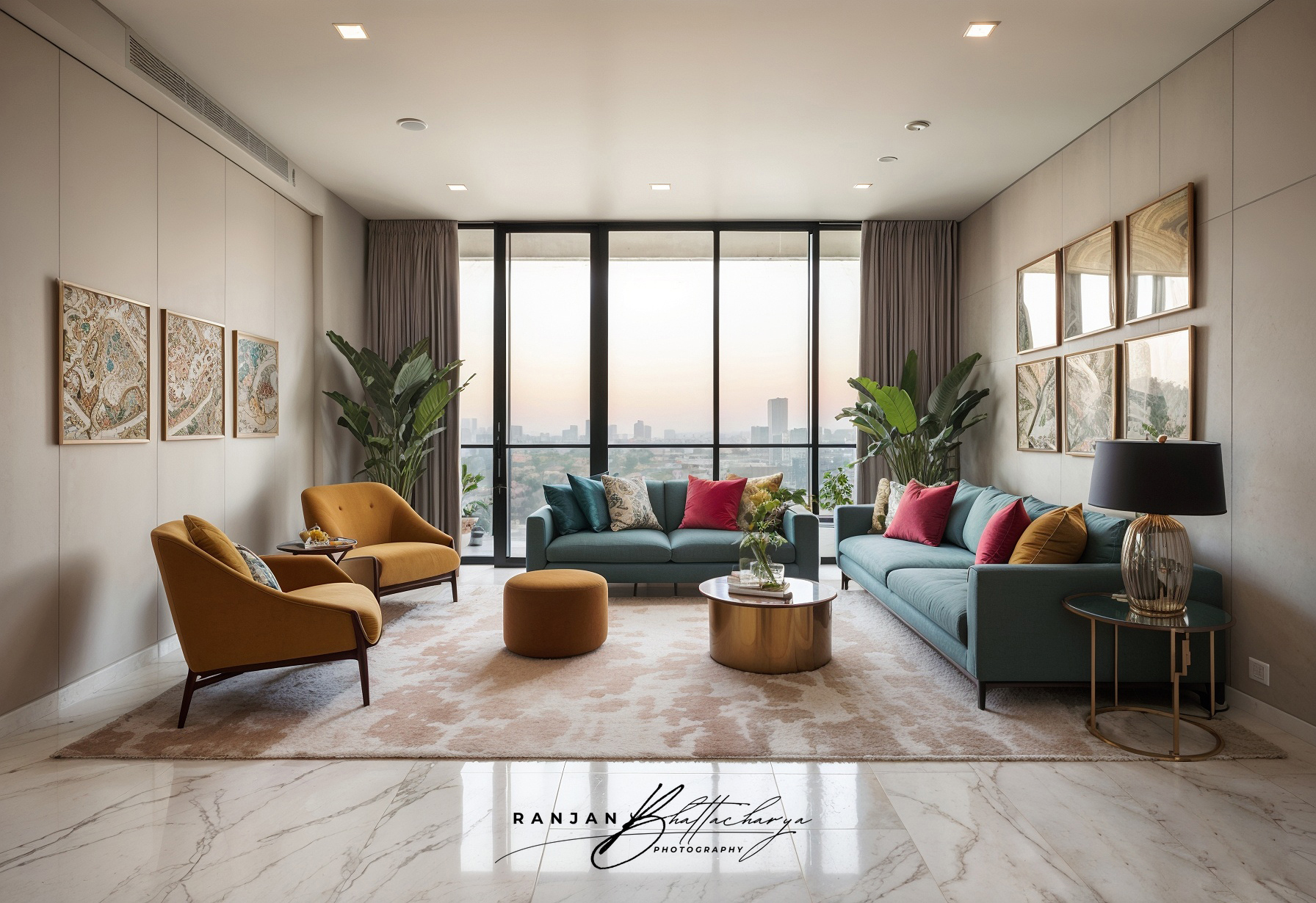 Modern living room interior of a housing complex, photographed by Ranjan Bhattacharya in Kolkata.