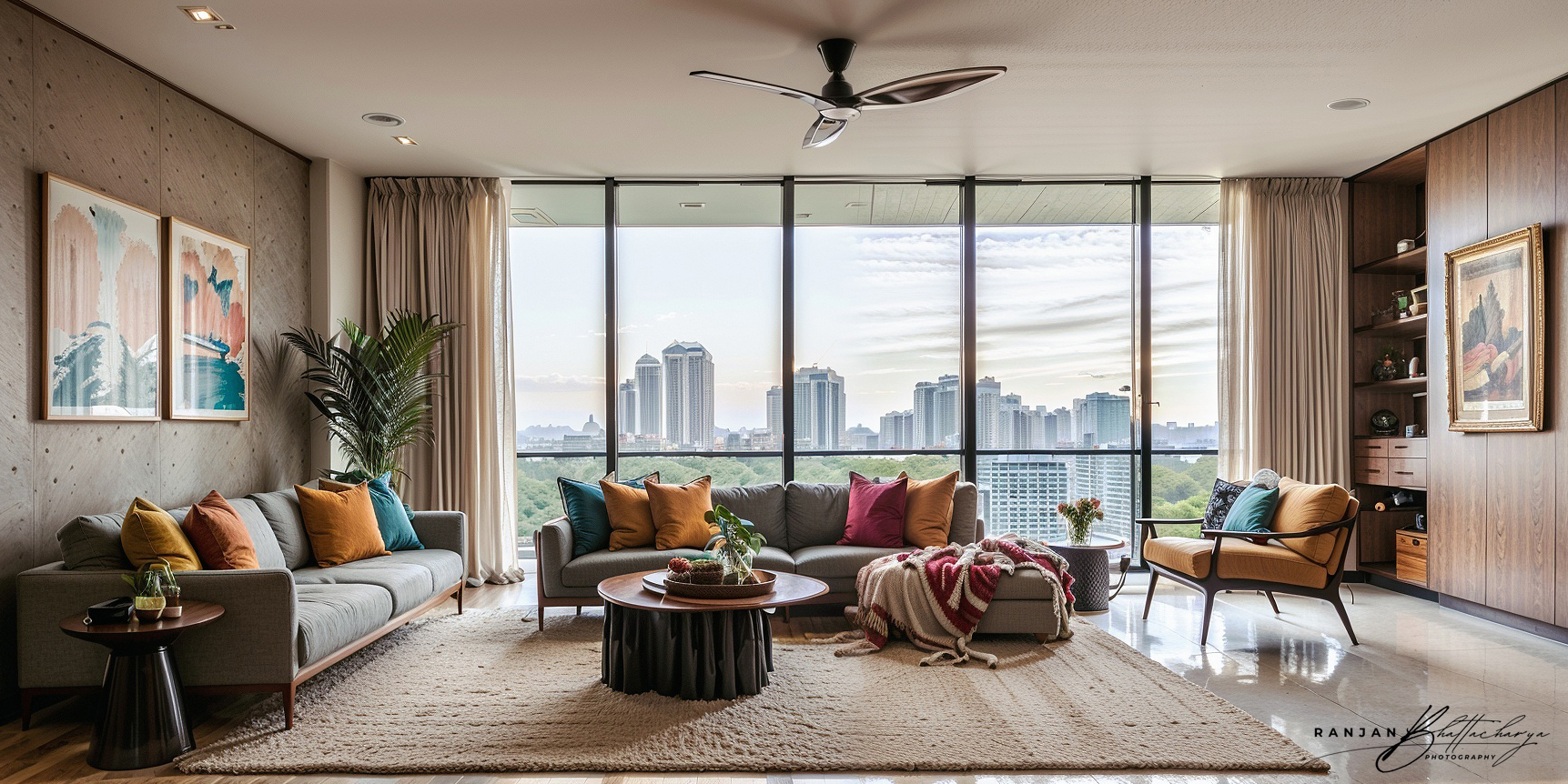 Modern living room interior of a housing complex, photographed by Ranjan Bhattacharya in Mumbai.