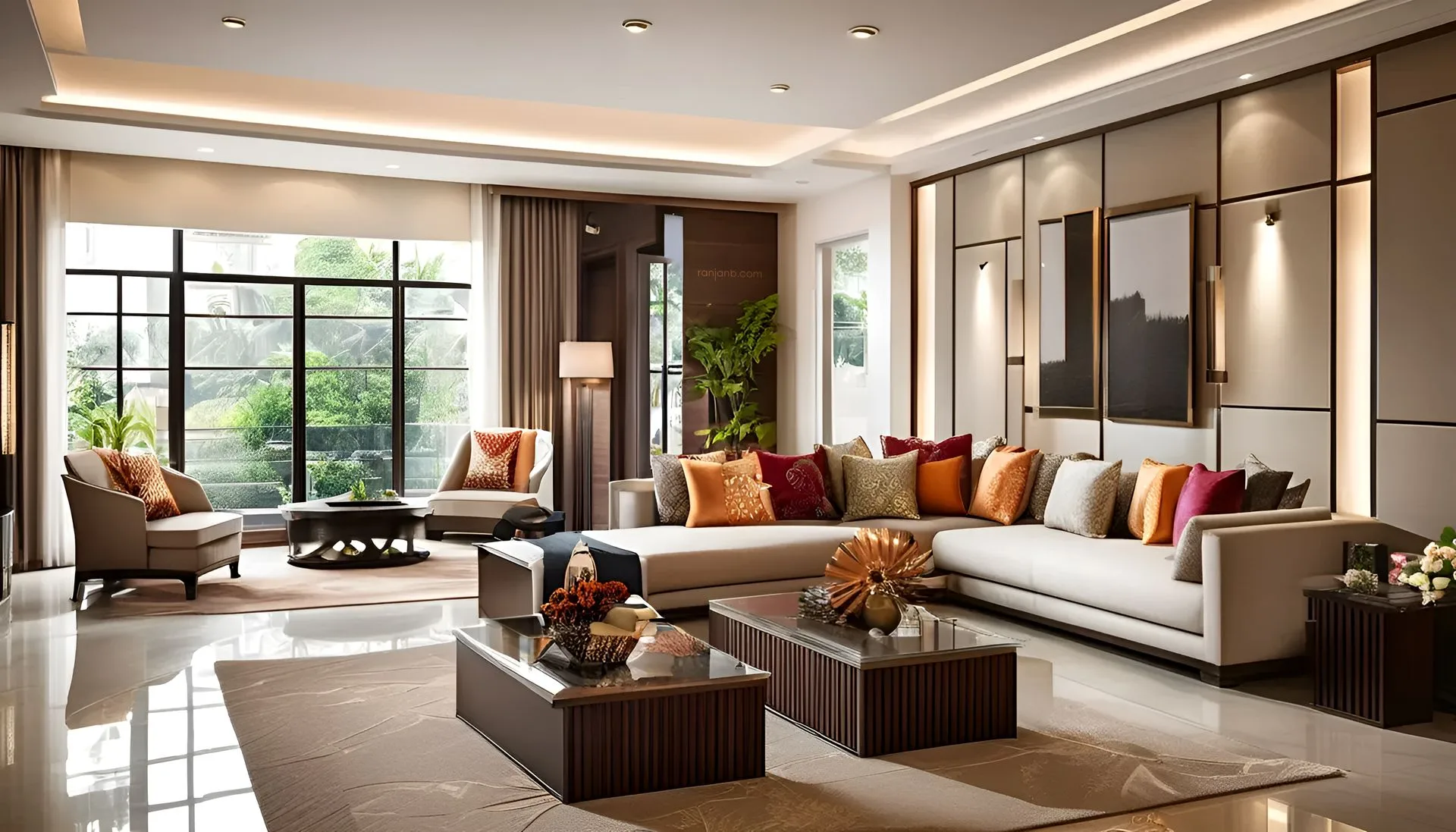 Modern Living Room with Vibrant Cushions and Large Windows A spacious living room in a Kolkata apartment, featuring an L-shaped sofa, vibrant cushions, a glass-top coffee table, marble flooring, and floor-to-ceiling windows, photography by Ranjan Bhattacharya