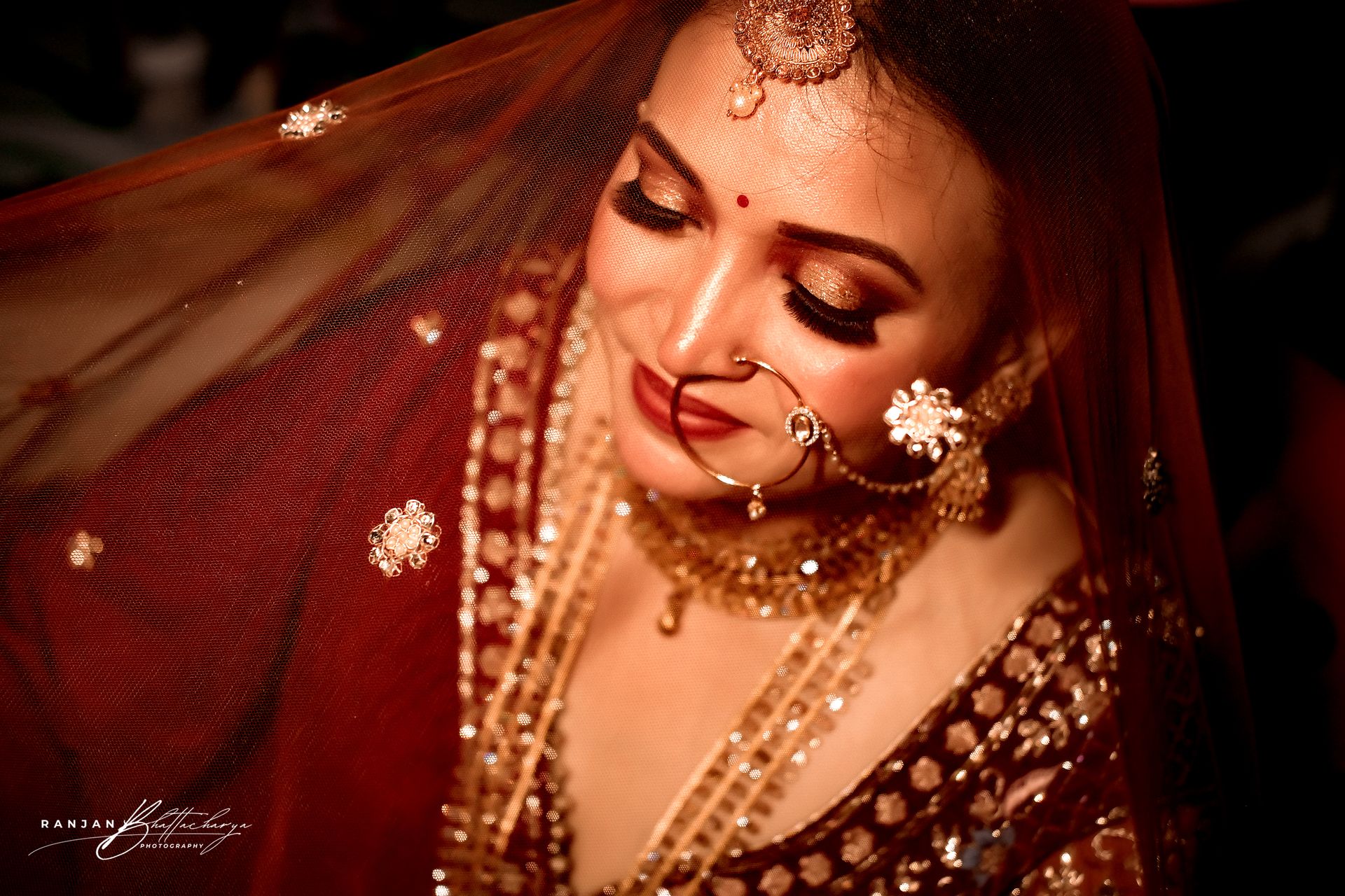 Close-up wedding portrait of Ruhi Singh, captured by Ranjan Bhattacharya