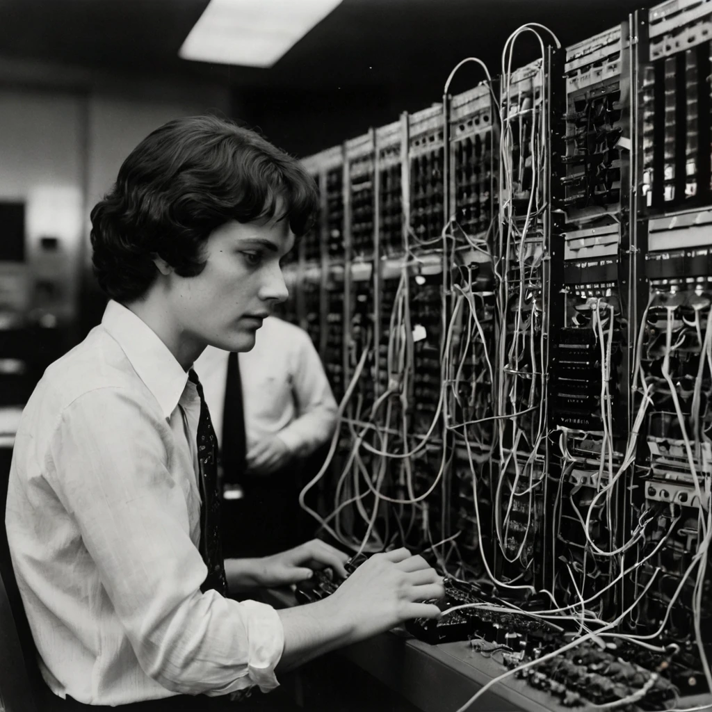 Development of Packet Switching (1960s) A vintage black-and-white photo of early computer terminals connected to ARPANET in the 1970s.