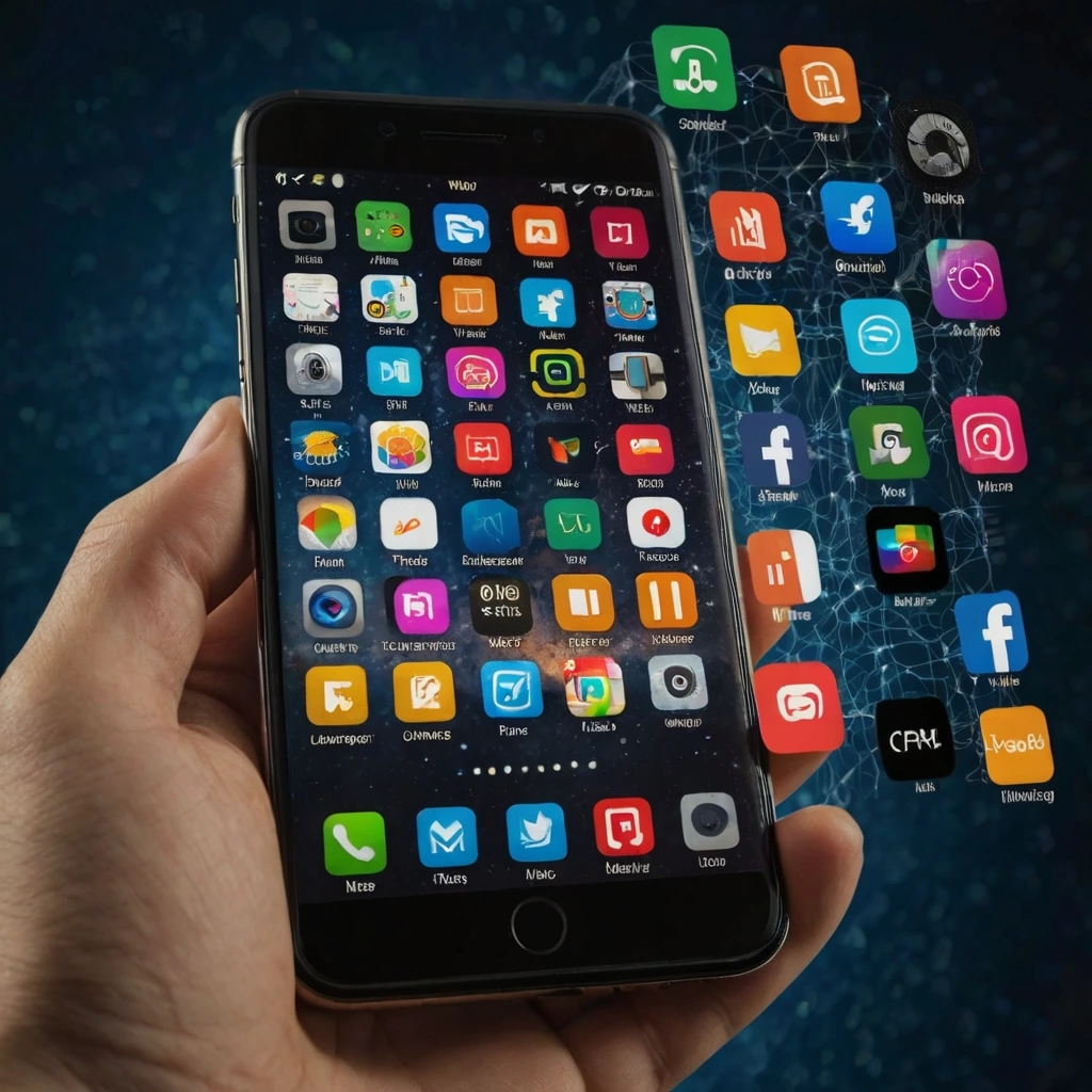 The Mobile Internet Era (2010s) A graphic of a smartphone with popular mobile apps, showcasing the shift to mobile internet usage.