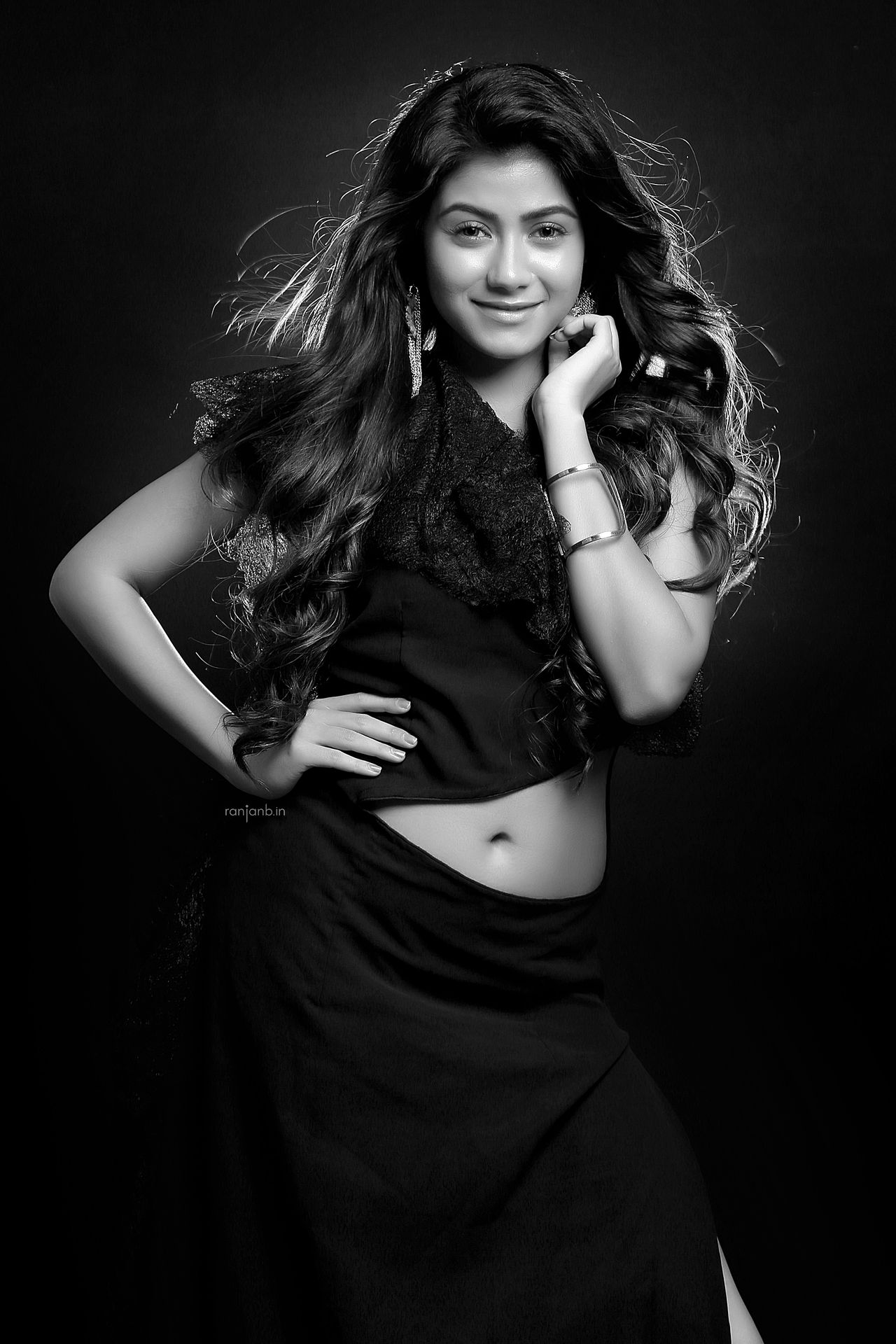 Black and white portrait of Prantika, showcasing her elegant and flowing hairstyle, photographed by Ranjan Bhattacharya.