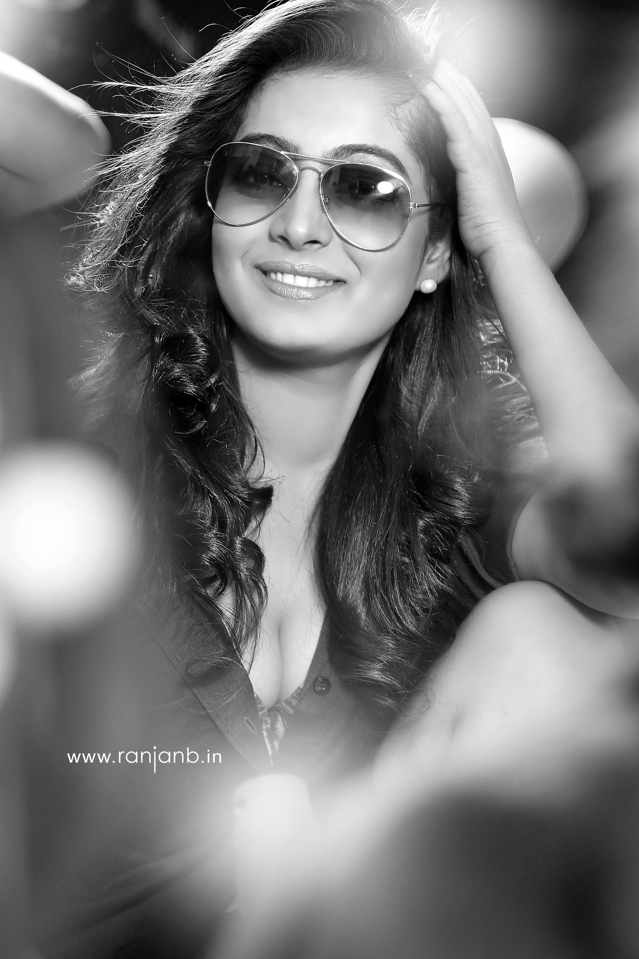 Black and white portrait of Gurmeet Kaur, showcasing her elegant and flowing hairstyle, photographed by Ranjan Bhattacharya.