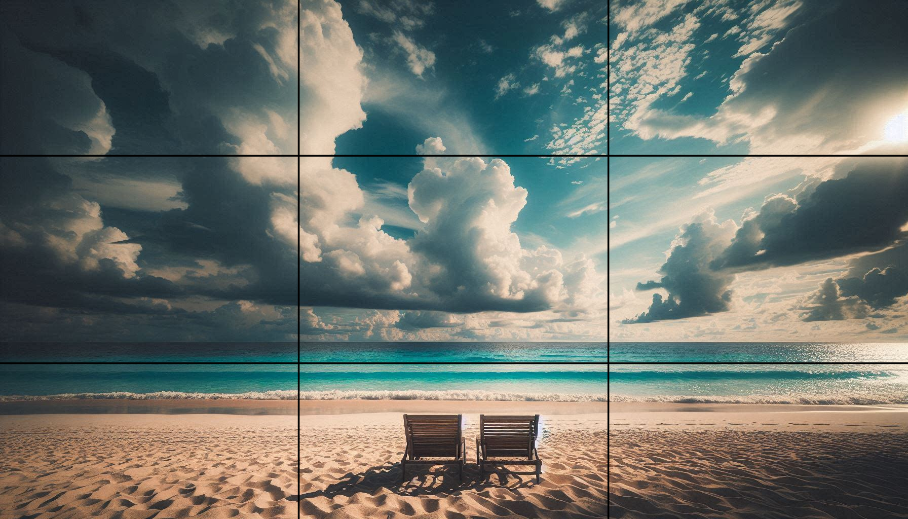 A beach scene with the horizon on the bottom third and the sky filling up the upper two-thirds of the frame.