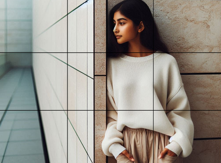 A lady standing next to a wall with space on one side, positioned along the vertical line of the Rule of Thirds grid.