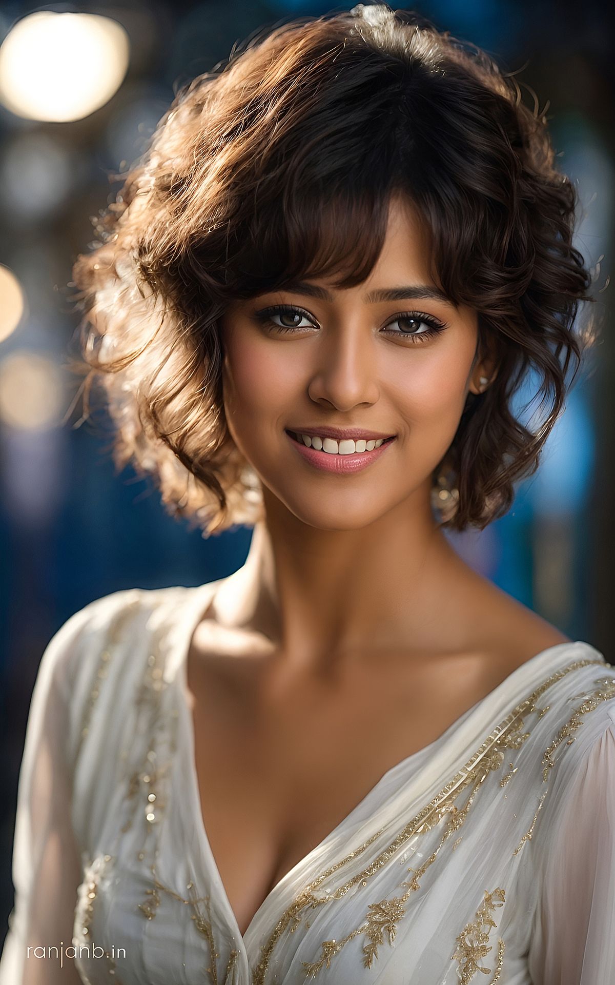 A close-up portrait of a woman in a casual outfit, highlighting her natural beauty, photographed by Ranjan Bhattacharya.