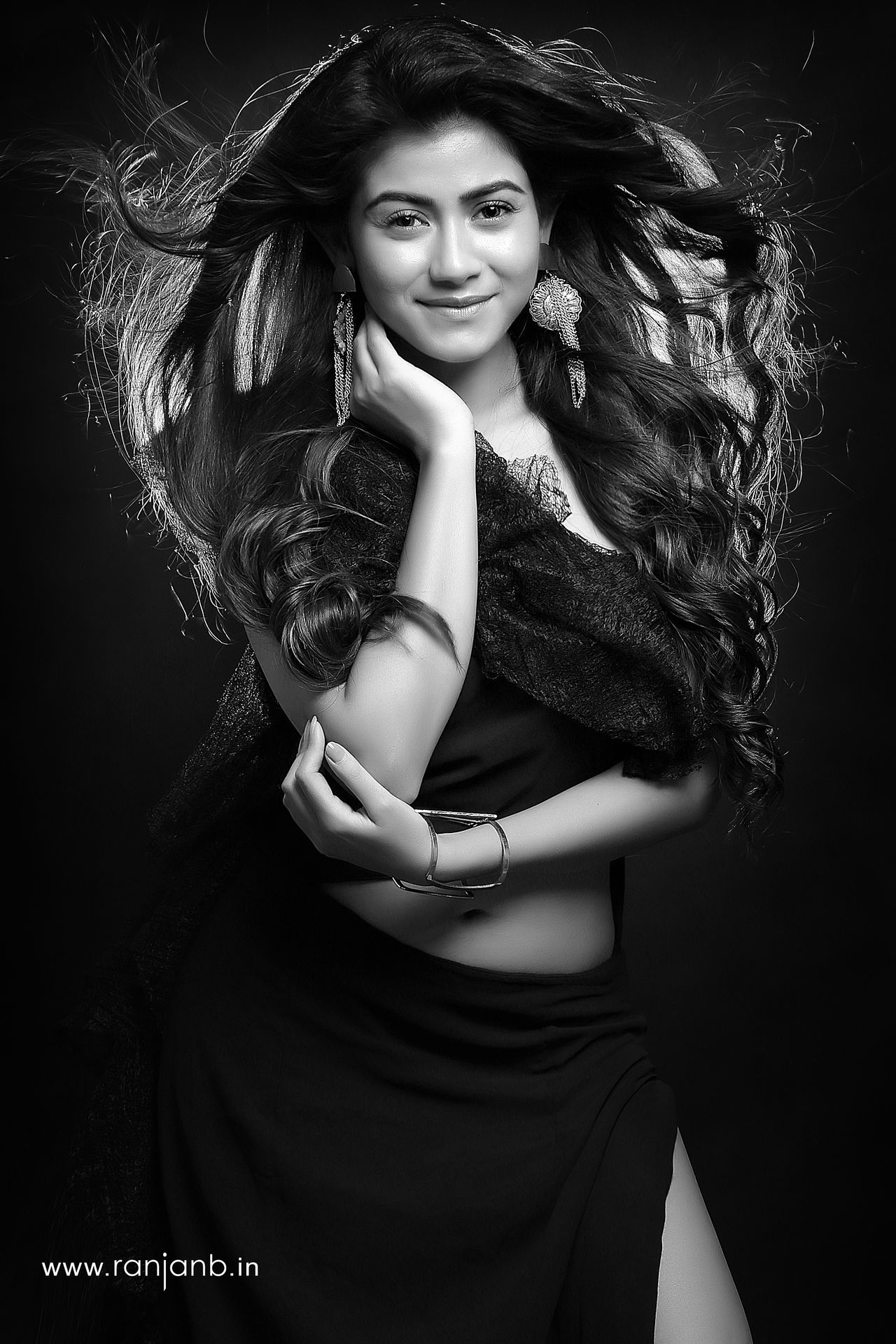 Black and white portrait of Prantika, showcasing her elegant and flowing hairstyle, photographed by Ranjan Bhattacharya.