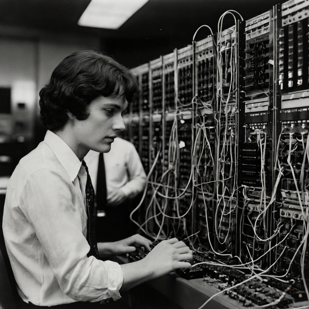 A vintage black-and-white photo of early computer terminals connected to ARPANET in the 1970s.