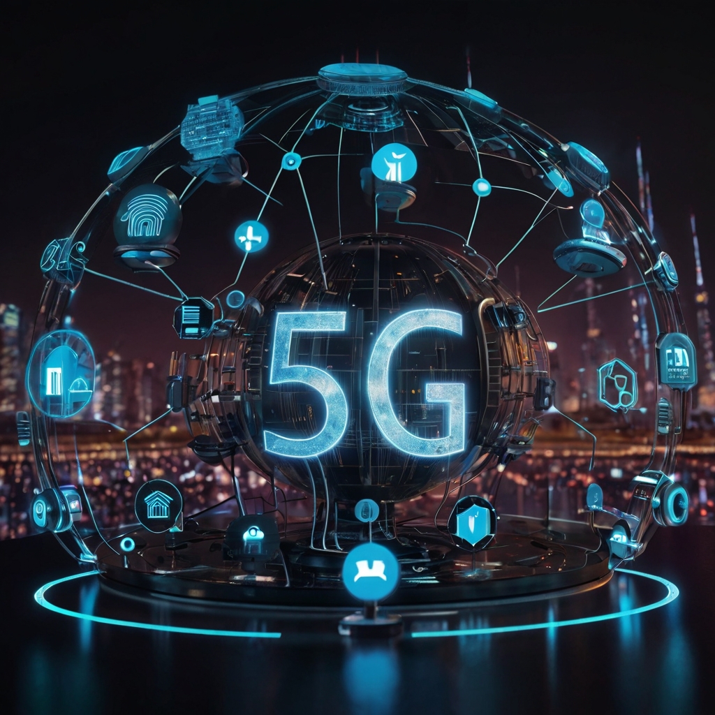 A futuristic image with icons of 5G, IoT devices, and AI, symbolizing the future of the internet.