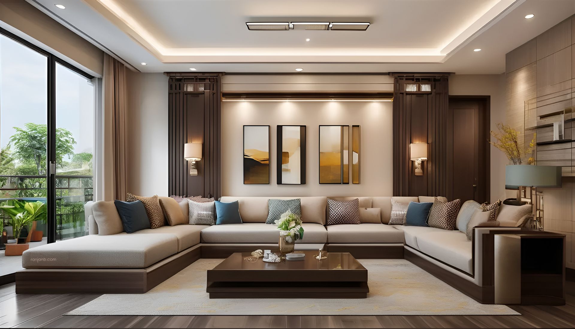 A spacious drawing room in a Kolkata apartment, featuring an L-shaped sofa, vibrant cushions, a glass-top coffee table, wooden flooring, and floor-to-ceiling windows