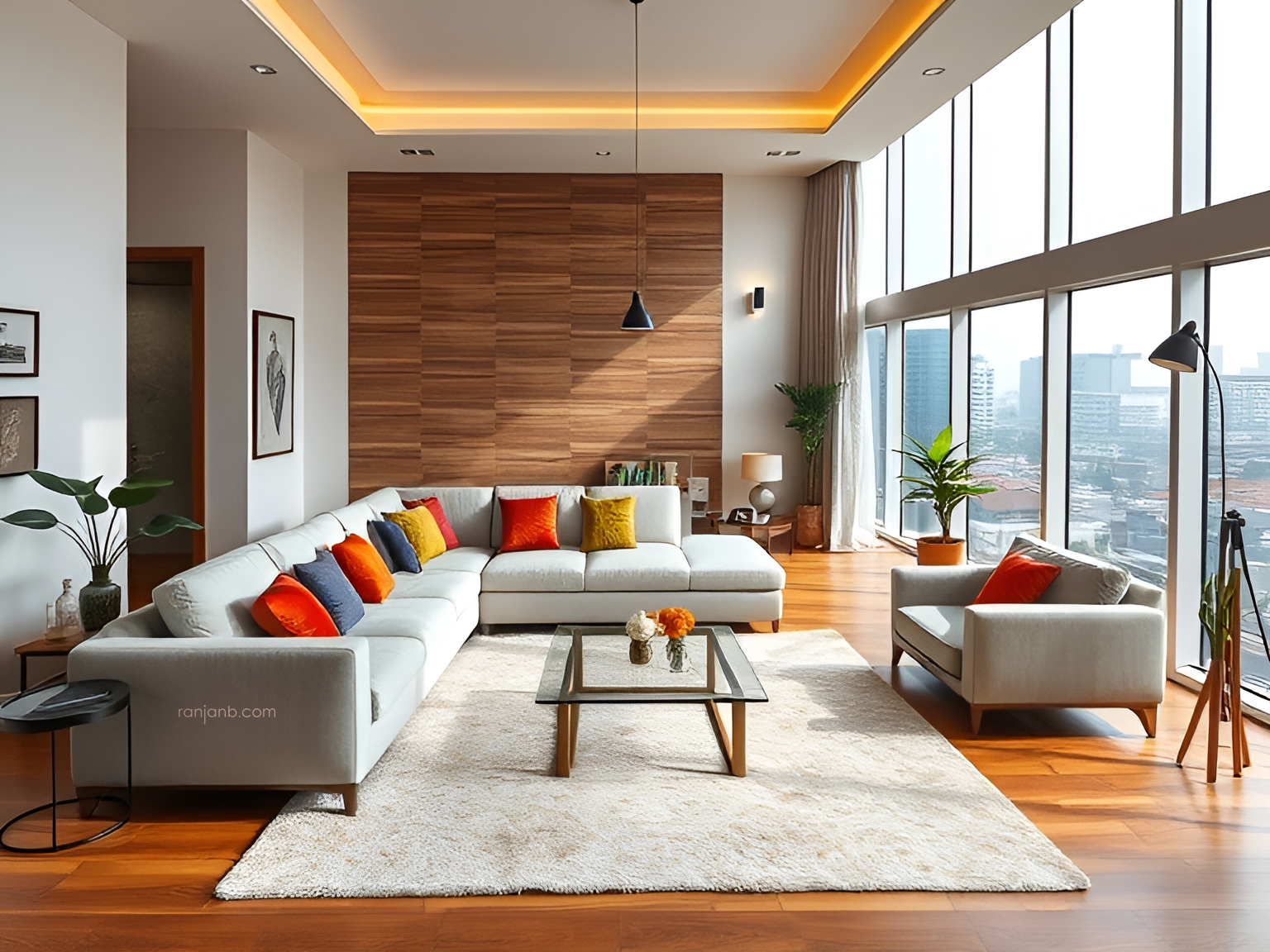 A spacious drawing room in a Kolkata apartment, featuring an L-shaped sofa, vibrant cushions, a glass-top coffee table, wooden flooring, and floor-to-ceiling windows.