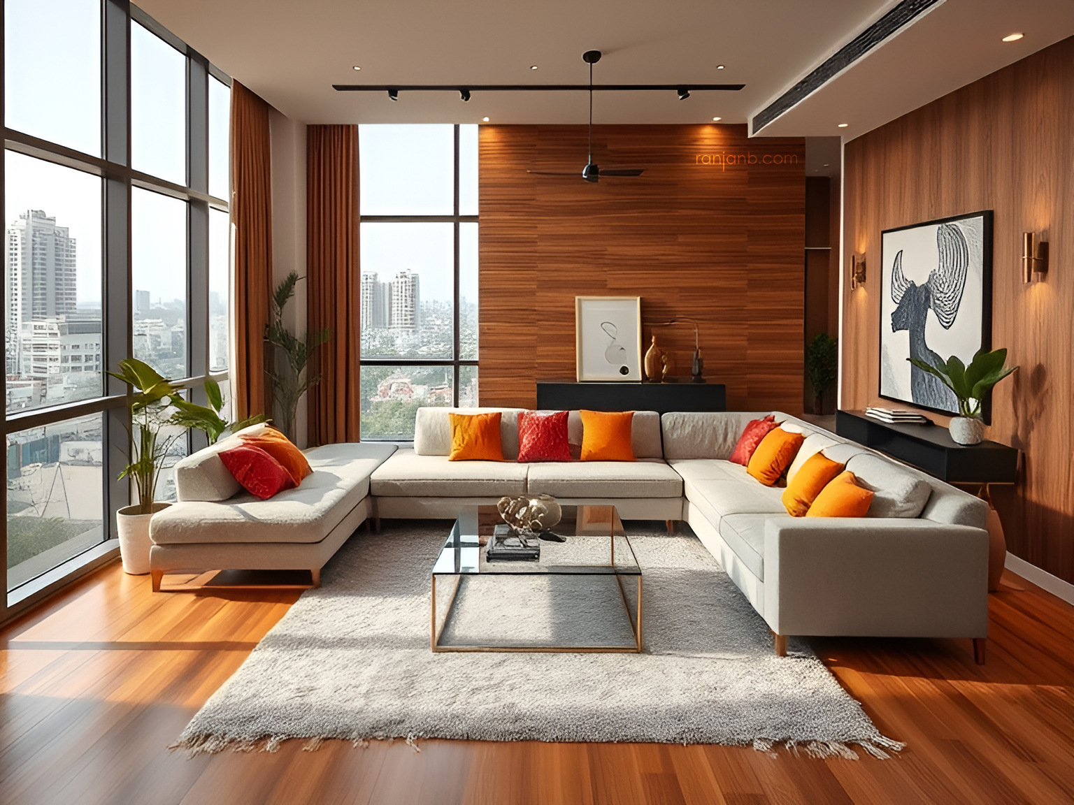 A spacious drawing room in a Kolkata apartment, featuring an L-shaped sofa, vibrant cushions, a glass-top coffee table, wooden flooring, and floor-to-ceiling windows.