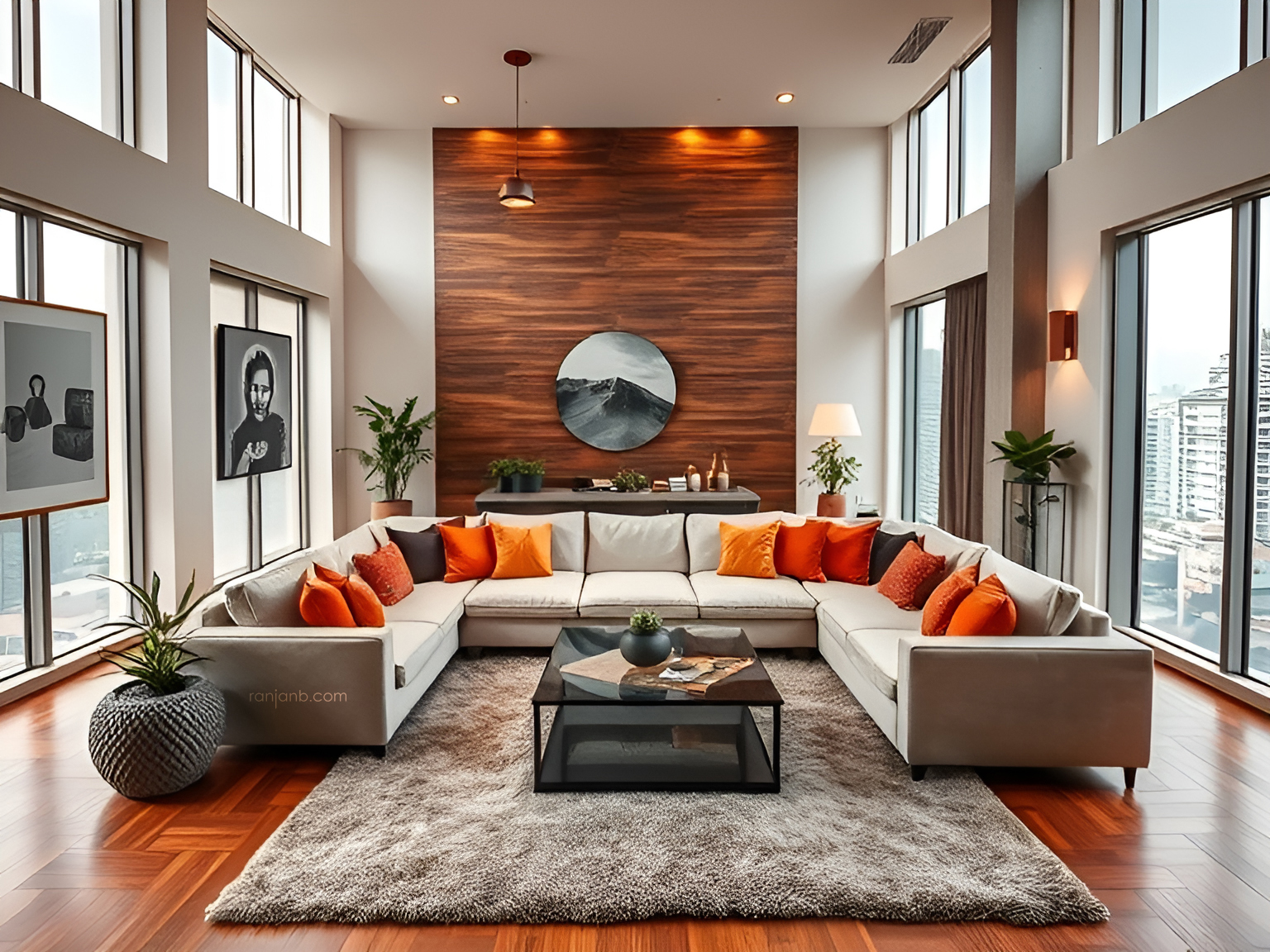 A spacious drawing room in a Kolkata apartment, featuring an L-shaped sofa, vibrant cushions, a glass-top coffee table, wooden flooring, and floor-to-ceiling windows.