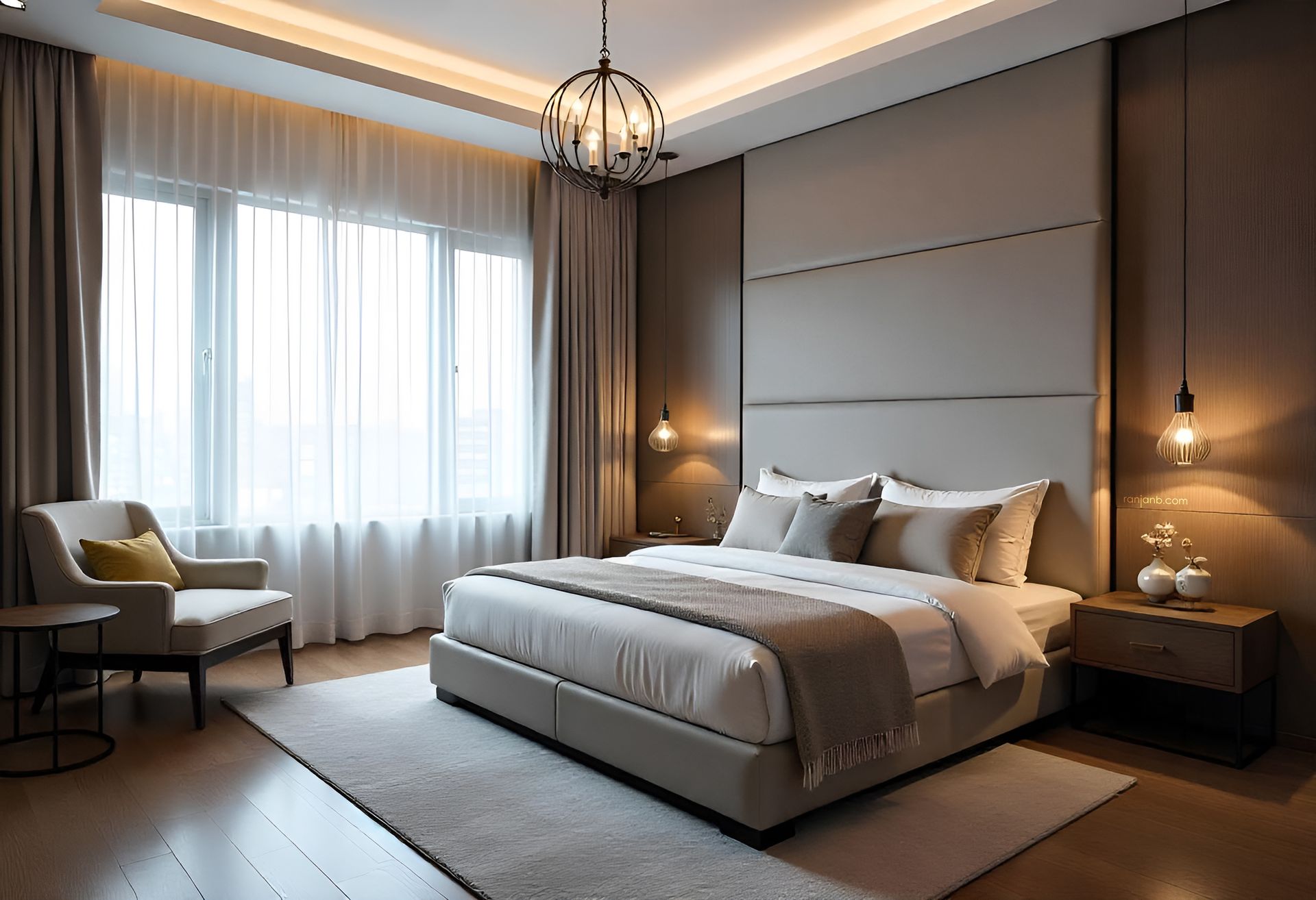 A luxurious master bedroom in Kolkata, featuring a king-size bed with a padded headboard, stylish bedding, a chandelier, and a cozy seating nook by the window.