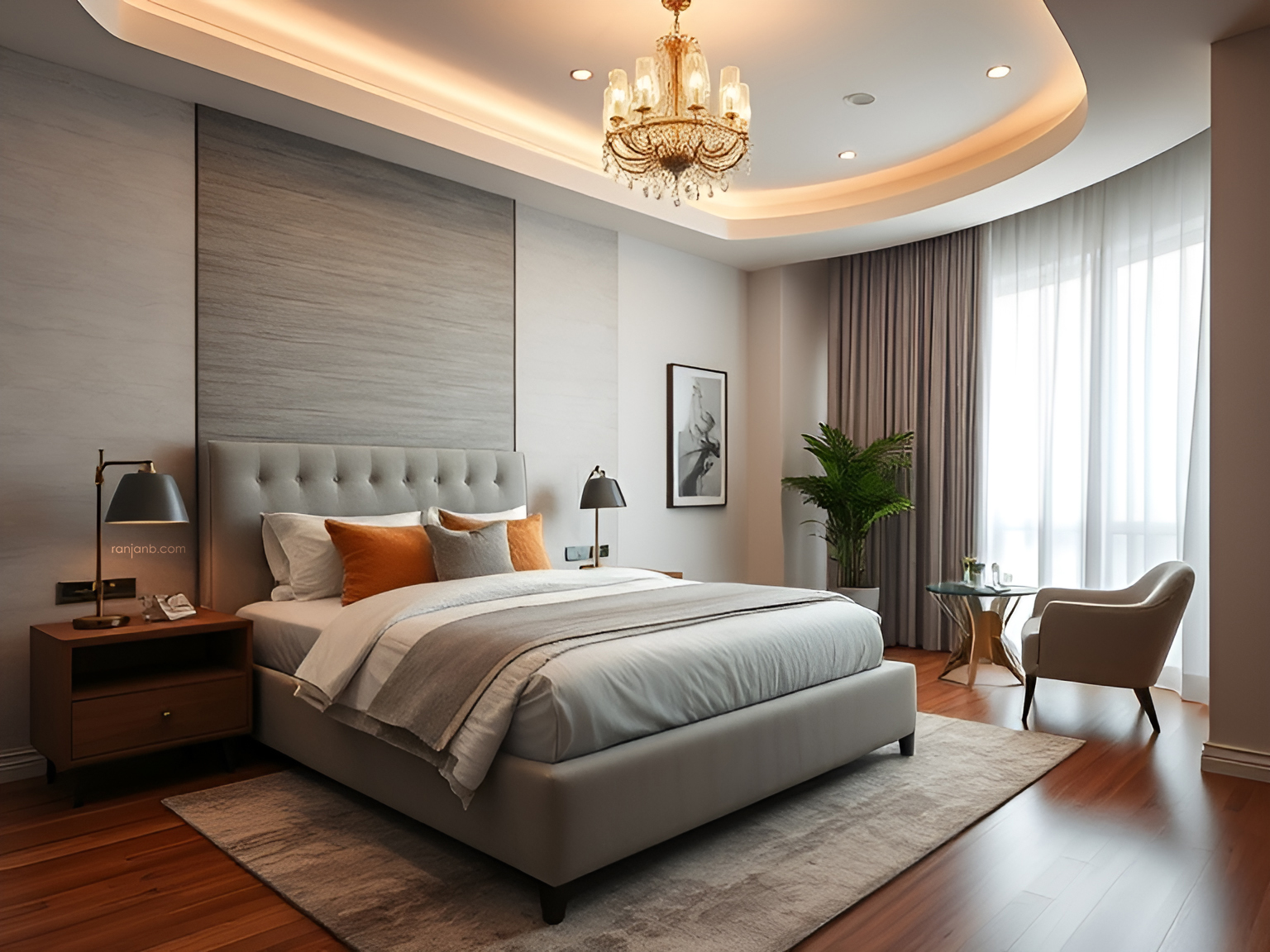 A luxurious master bedroom in Kolkata, featuring a king-size bed with a padded headboard, stylish bedding, a chandelier, and a cozy seating nook by the window.