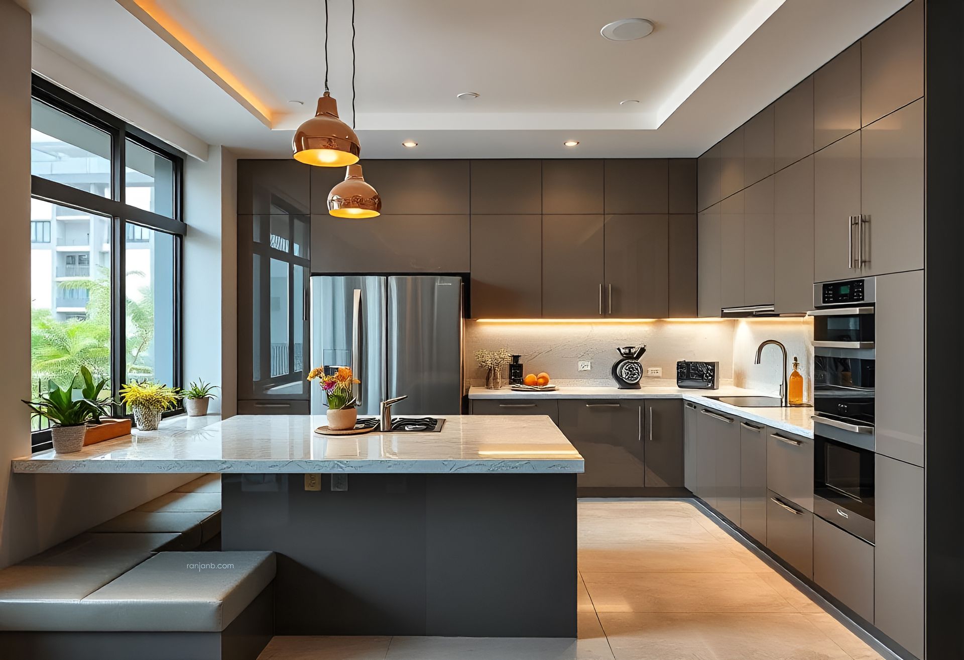 A sleek modern kitchen in a Kolkata housing complex, featuring modular cabinets, quartz countertops, pendant lights, and stainless steel appliances with natural light flooding in.