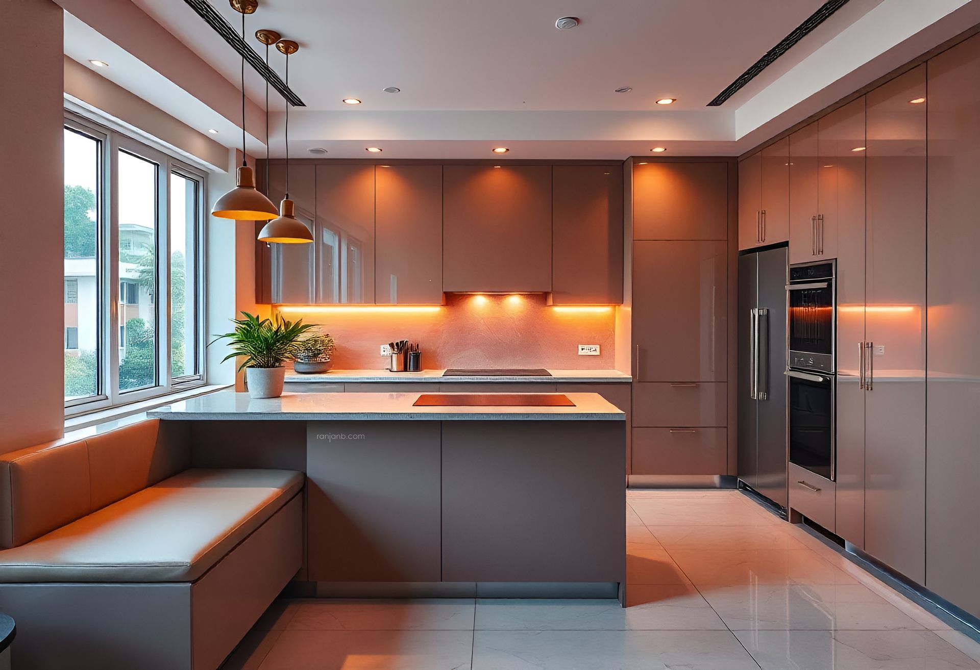 A sleek modern kitchen in a Kolkata housing complex, featuring modular cabinets, quartz countertops, pendant lights, and stainless steel appliances with natural light flooding in.