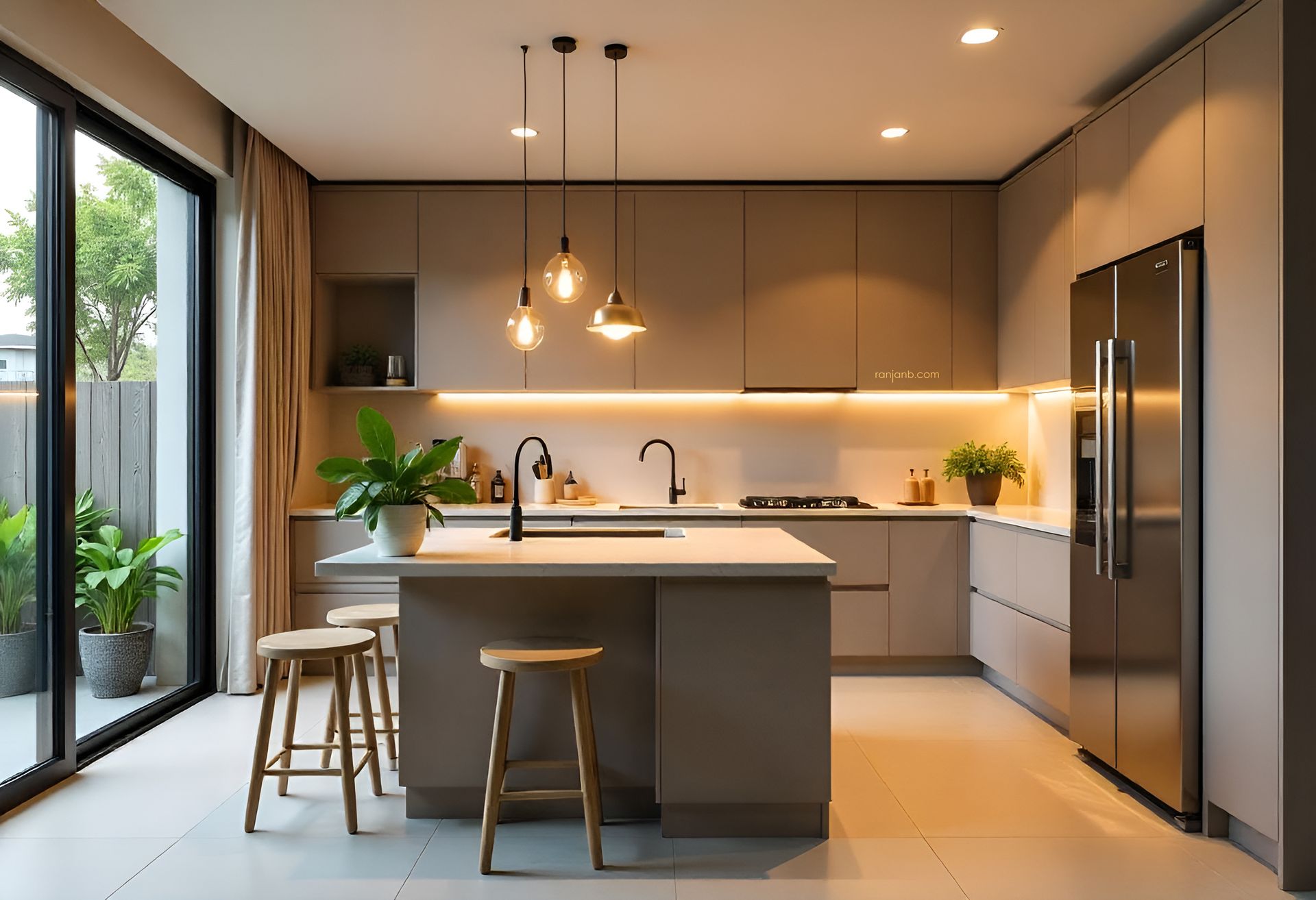 A sleek modern kitchen in a Kolkata housing complex, featuring modular cabinets, quartz countertops, pendant lights, and stainless steel appliances with natural light flooding in.