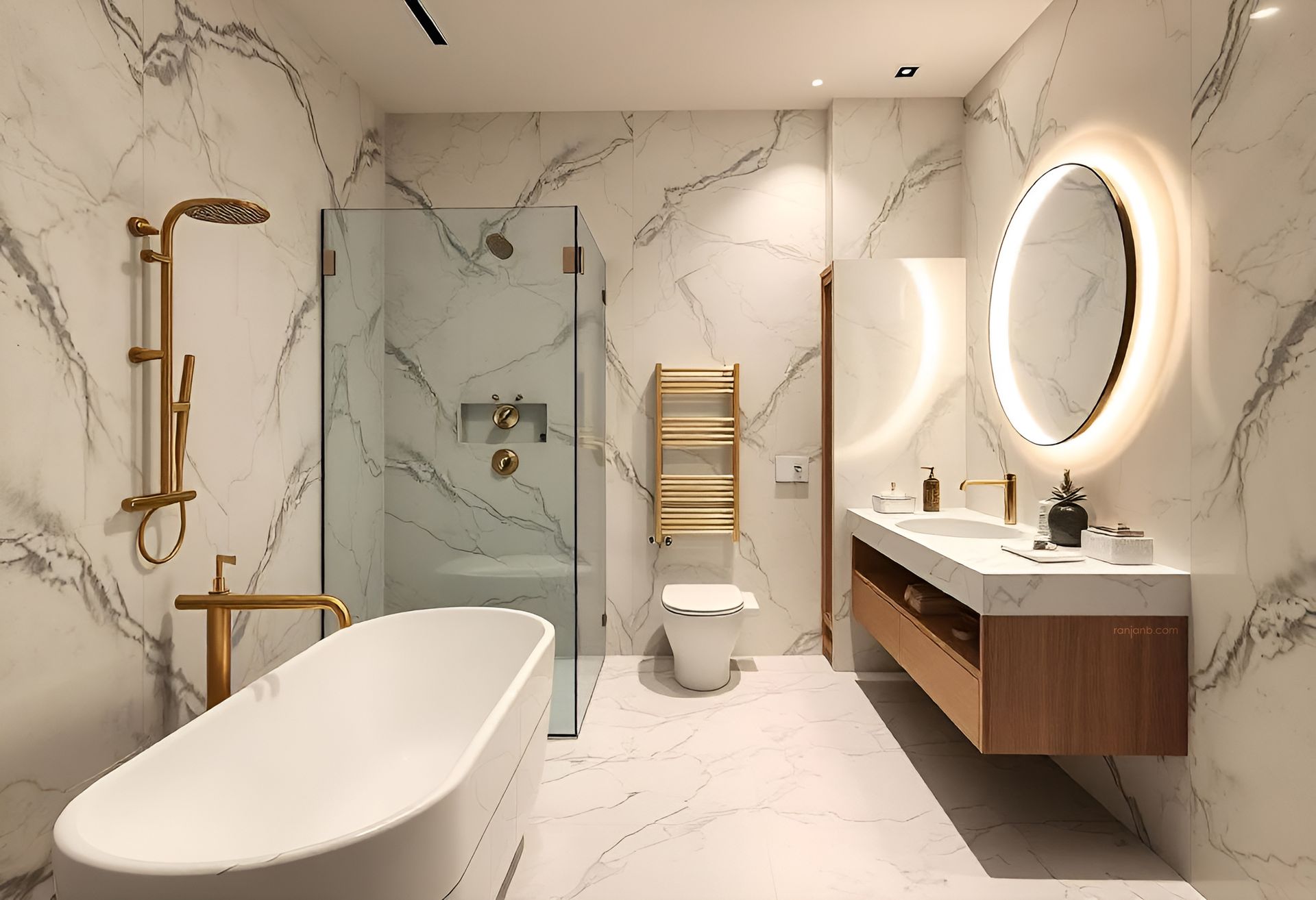 A luxurious washroom in Kolkata with a freestanding bathtub, gold faucets, glass shower enclosure, and marble tile walls.