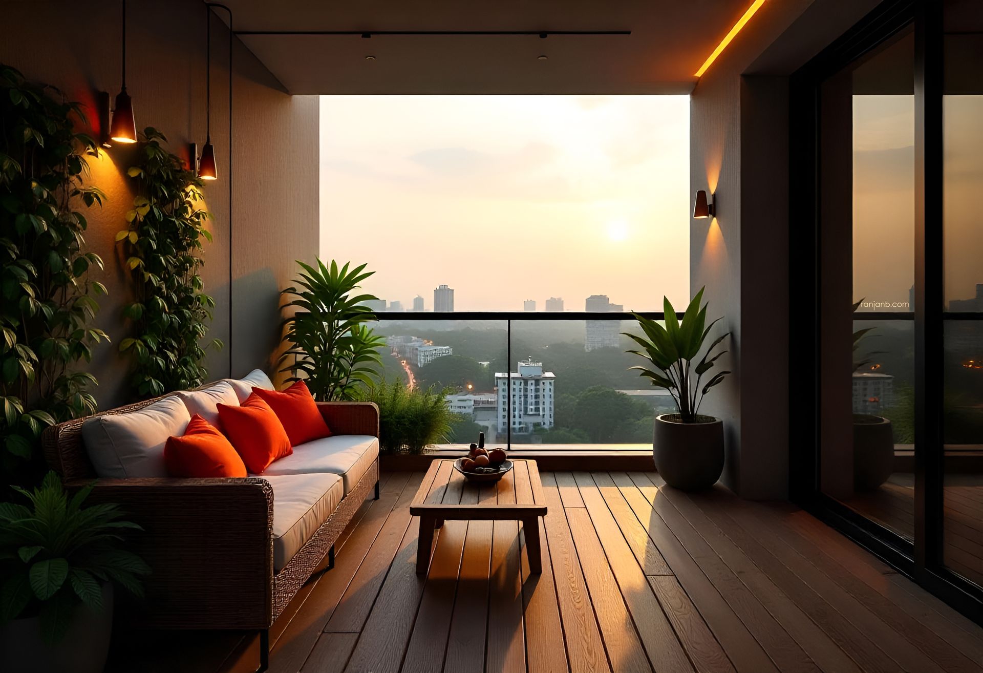 A contemporary balcony in Kolkata, with wooden decking, rattan furniture, vibrant cushions, vertical greenery, and glass railings offering a view of the cityscape.