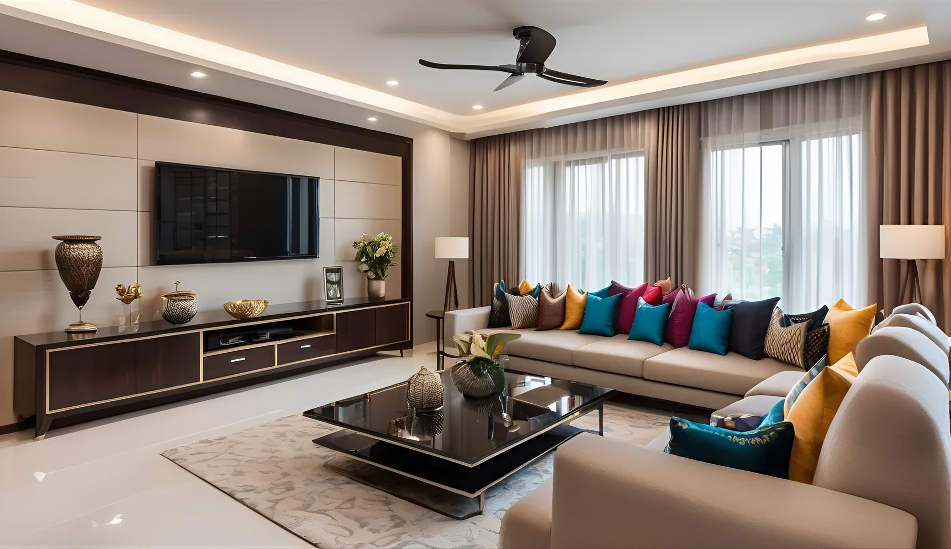 A spacious drawing room in a Kolkata apartment, featuring an L-shaped sofa, vibrant cushions, a glass-top coffee table, marble flooring, and floor-to-ceiling windows.