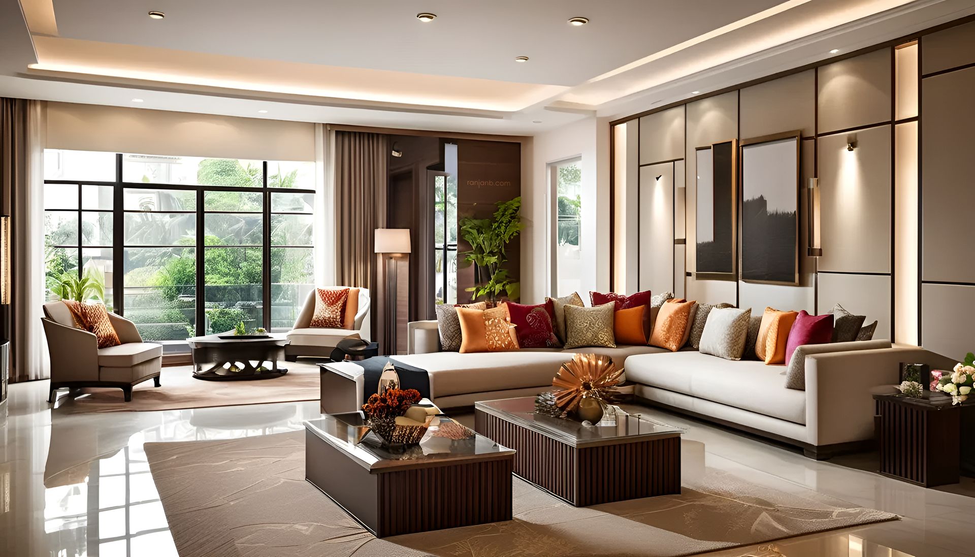 A spacious drawing room in a Kolkata apartment, featuring an L-shaped sofa, vibrant cushions, a glass-top coffee table, marble flooring, and floor-to-ceiling windows.