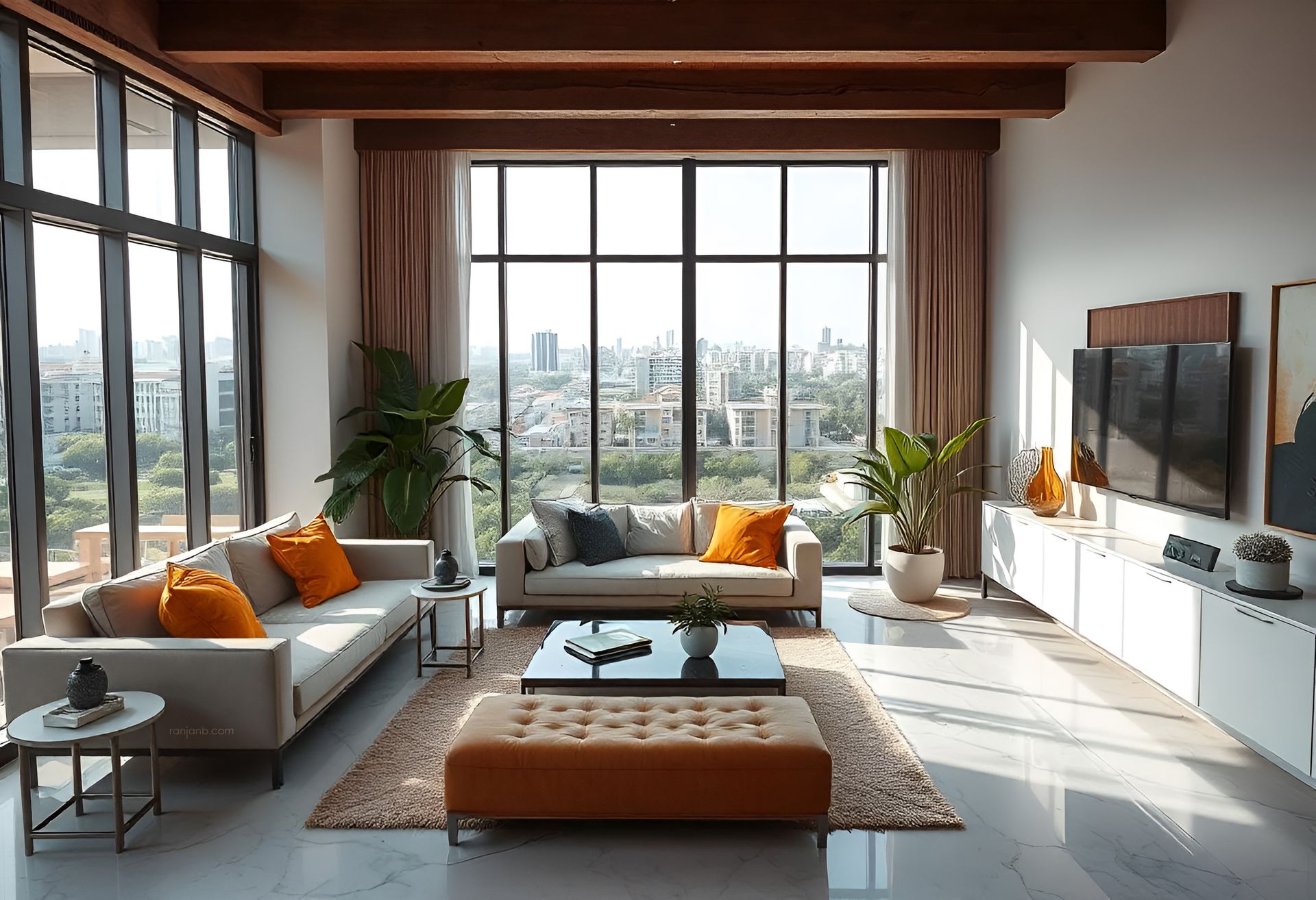 A spacious drawing room in a Kolkata apartment, featuring an L-shaped sofa, vibrant cushions, a glass-top coffee table, marble flooring, and floor-to-ceiling windows.