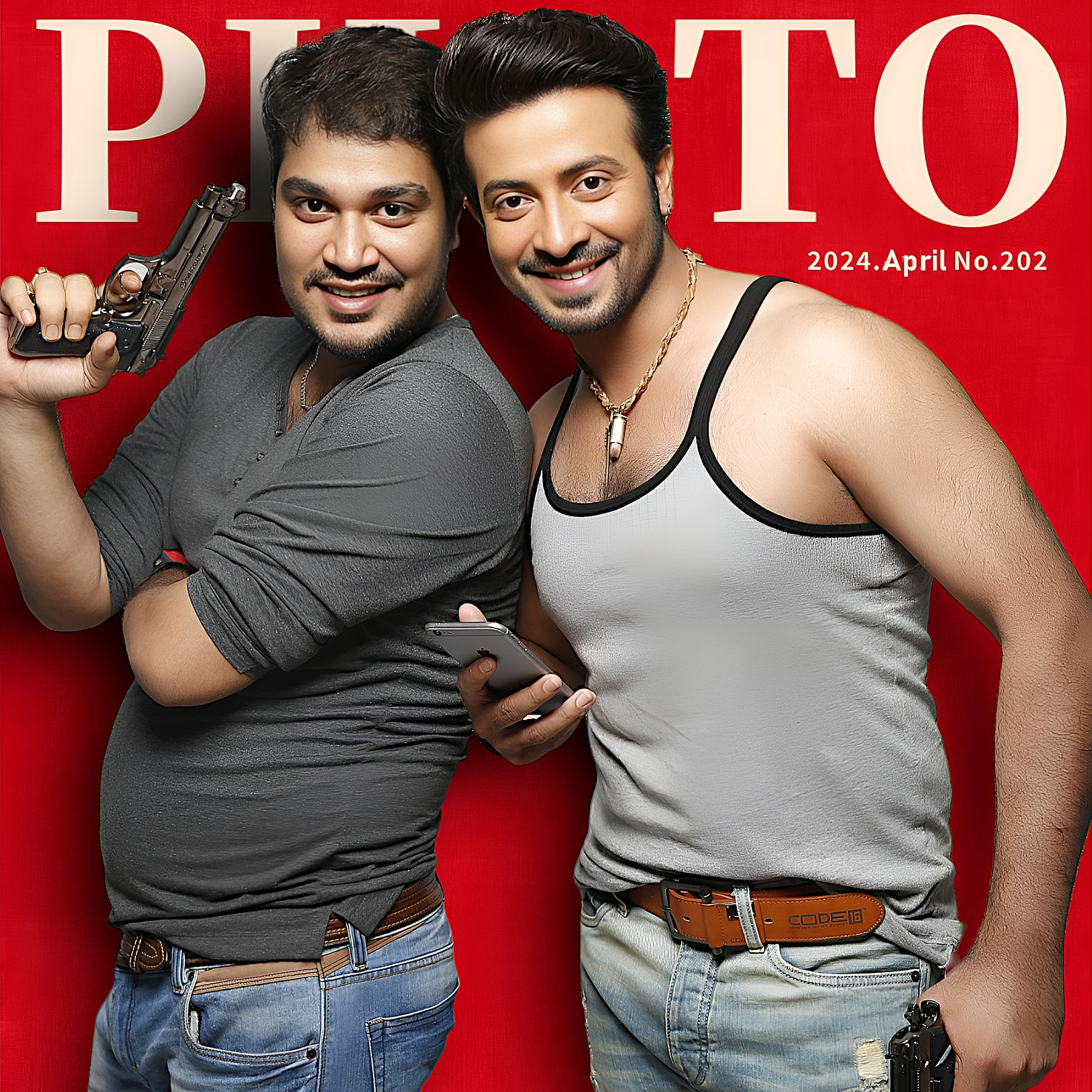 Superstar Shakib Khan and photographer Ranjan Bhattacharya posing together during a movie poster shoot in India, showcasing a moment of collaboration in the creative process.