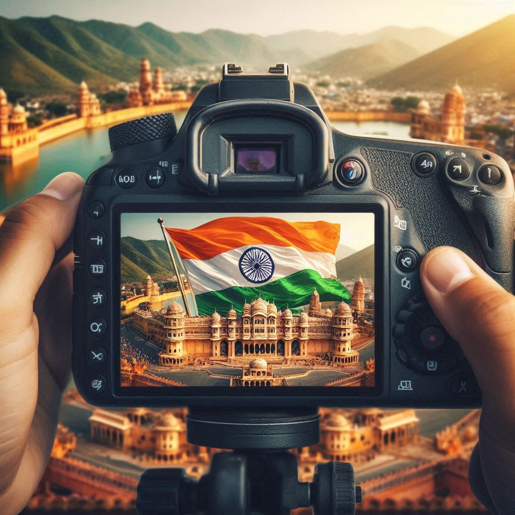 A digital camera’s viewfinder displaying a vibrant image of an Indian flag waving over a scenic view of a historic palace and river, with mountains in the background. Photo by Ranjan Bhattacharya.