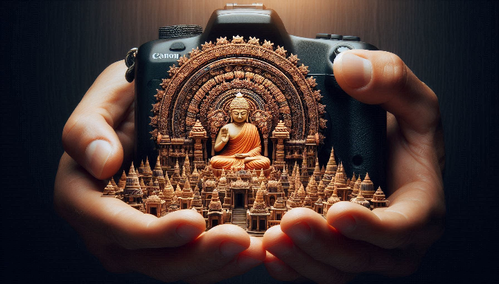 Image created by Ranjan Bhattacharya, featuring a Canon camera with intricate temple architecture and a Buddha statue visible through the lens.