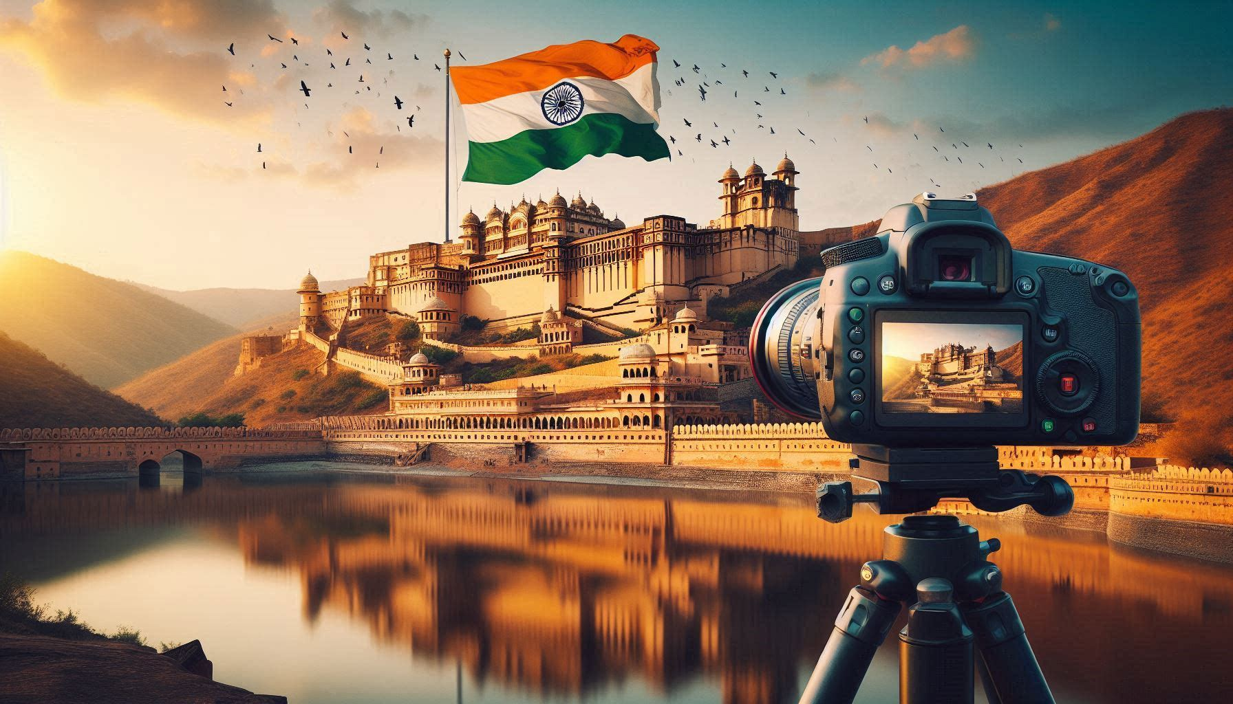 Image created by Ranjan Bhattacharya, featuring a DSLR camera on a tripod capturing a historic fort with an Indian flag in the foreground during sunset.