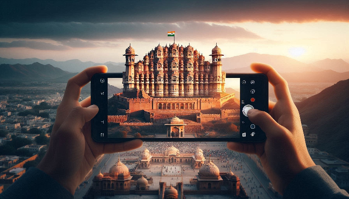 Image created by Ranjan Bhattacharya, featuring a DSLR camera on a tripod capturing a historic fort with an Indian flag in the foreground during sunrise.